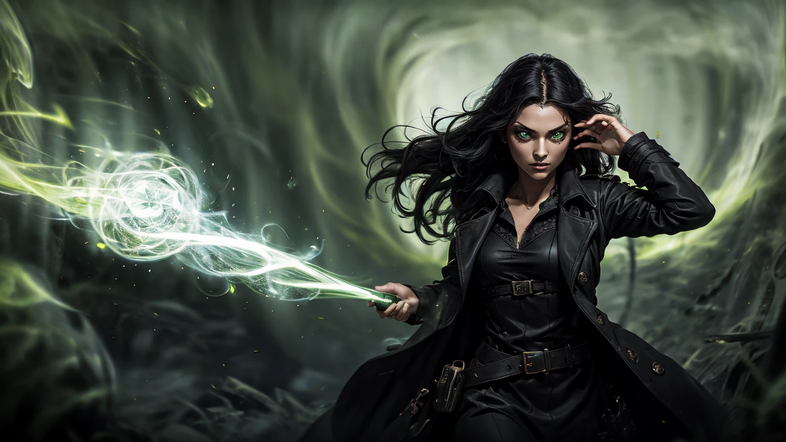 A stunning South-Indian woman, olive-skinned woman, Indian beauty, with bright green eyes, standing in swirling black smoke, with dark brown-black long wavy hair, mesmerizing features with a scary expression, finely detailed eyes, angry mood masterpiece, top quality, best quality, official art, beautiful and aesthetic:1.2), (1girl), extreme detailed,(fractal art:1.3), colorful, highest detailed, (masterpiece, best quality:1.3) professional digital painting, Unreal Engine 5. Wearing a black-buttoned-up military-trench coat. Scary void dripping from body and face black magic swirling around. Black smoke swirled around her. Purple-tinted background. In a 1920 setting, at a farm, wearing 1930 style clothing, , masterpiece, top quality, best quality, official art, beautiful and aesthetic:1.2), (1girl), extreme detailed,(fractal art:1.3), yellow, orange, pink, purple, highest detailed, (masterpiece, best quality:1.3) 1 green-eyed woman, professional digital painting, Unreal Engine 5. Wearing linen blouse, Wearing long skirt, Long hair, hopeful expression, finely detailed eyes, smiling, epic scene, epic composition, Cinematic Lighting, Volumetric Lighting, ethereal light, intricate details, extremely detailed volumetric rays. Green Eyes. [Beautiful girl, linen shirt and pants, oil painting, Detailed facial features, Sunlight, bright colors, dramatic lighting, expressive eyes and lips, High Resolution]
