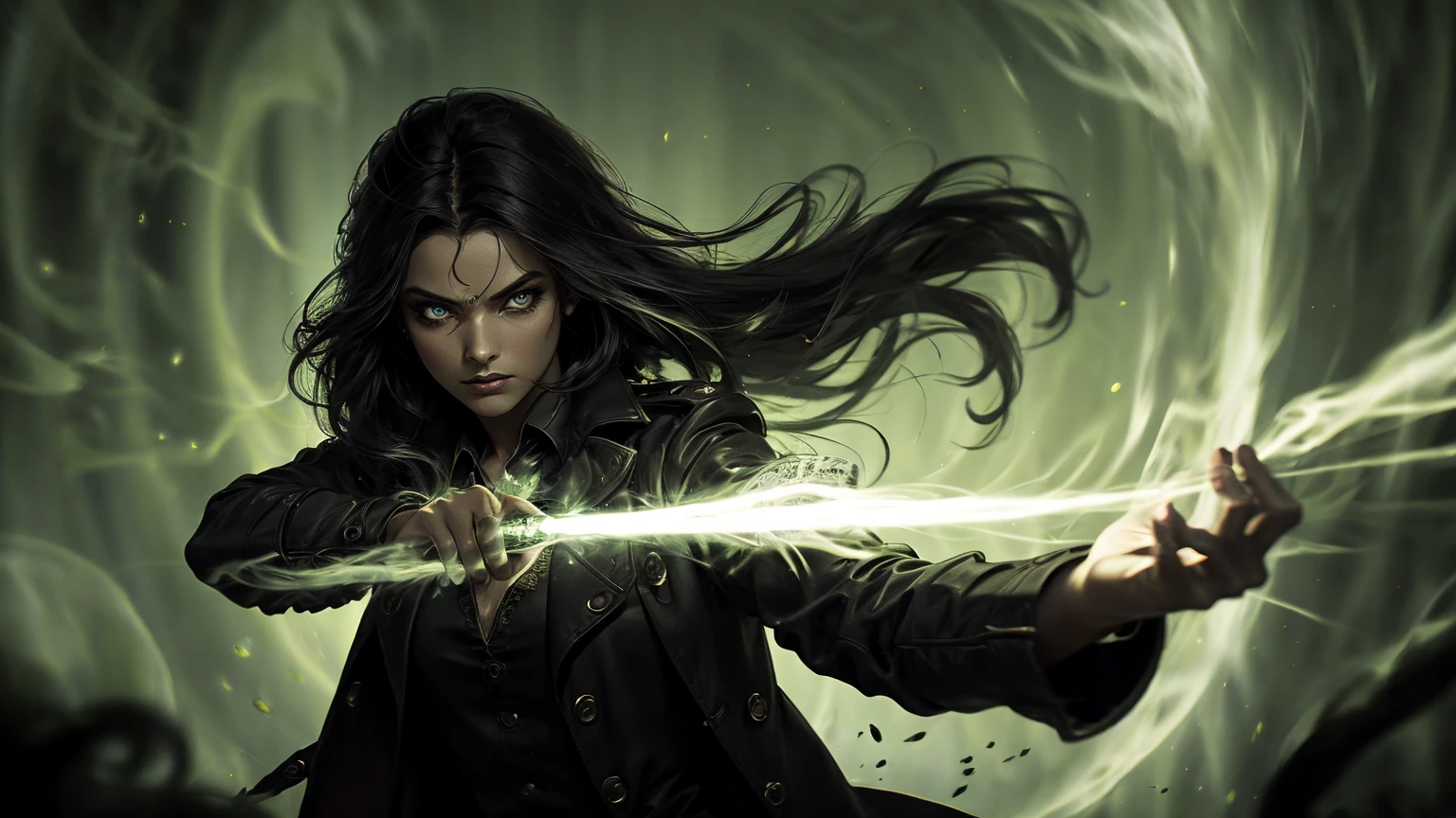 A stunning South-Indian woman, olive-skinned woman, Indian beauty, with bright green eyes, standing in swirling black smoke, with dark brown-black long wavy hair, mesmerizing features with a scary expression, finely detailed eyes, angry mood masterpiece, top quality, best quality, official art, beautiful and aesthetic:1.2), (1girl), extreme detailed,(fractal art:1.3), colorful, highest detailed, (masterpiece, best quality:1.3) professional digital painting, Unreal Engine 5. Wearing a black-buttoned-up military-trench coat. Scary void dripping from body and face black magic swirling around. Black smoke swirled around her. Purple-tinted background. In a 1920 setting, at a farm, wearing 1930 style clothing, , masterpiece, top quality, best quality, official art, beautiful and aesthetic:1.2), (1girl), extreme detailed,(fractal art:1.3), yellow, orange, pink, purple, highest detailed, (masterpiece, best quality:1.3) 1 green-eyed woman, professional digital painting, Unreal Engine 5. Wearing linen blouse, Wearing long skirt, Long hair, hopeful expression, finely detailed eyes, smiling, epic scene, epic composition, Cinematic Lighting, Volumetric Lighting, ethereal light, intricate details, extremely detailed volumetric rays. Green Eyes. [Beautiful girl, linen shirt and pants, oil painting, Detailed facial features, Sunlight, bright colors, dramatic lighting, expressive eyes and lips, High Resolution]
