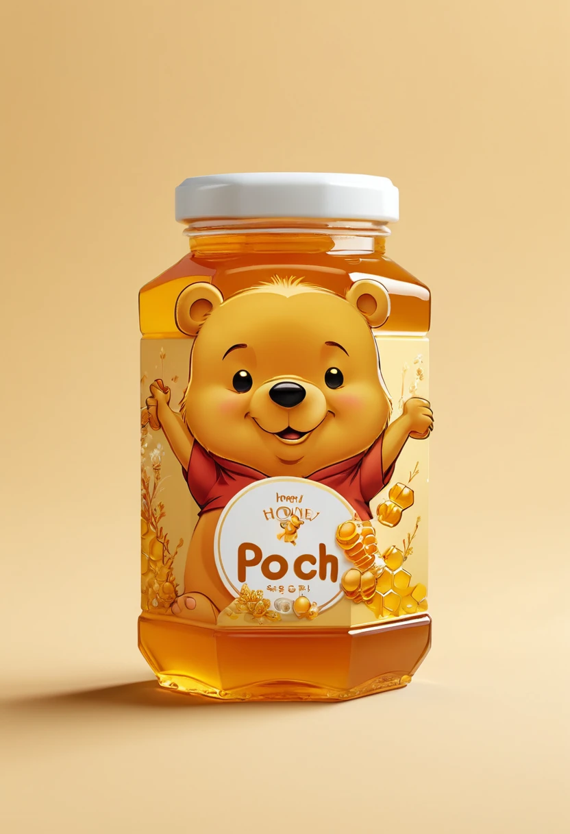 Modern packaging design, honey product packaging, Pooh Bear lick honey illustration, simple background, HD resolution, simple style, actual, Natural light, packaging box, (best quality, masterpiece, Representative work, official art, Professional, 8k, Ultra intricate detailed:1.3)