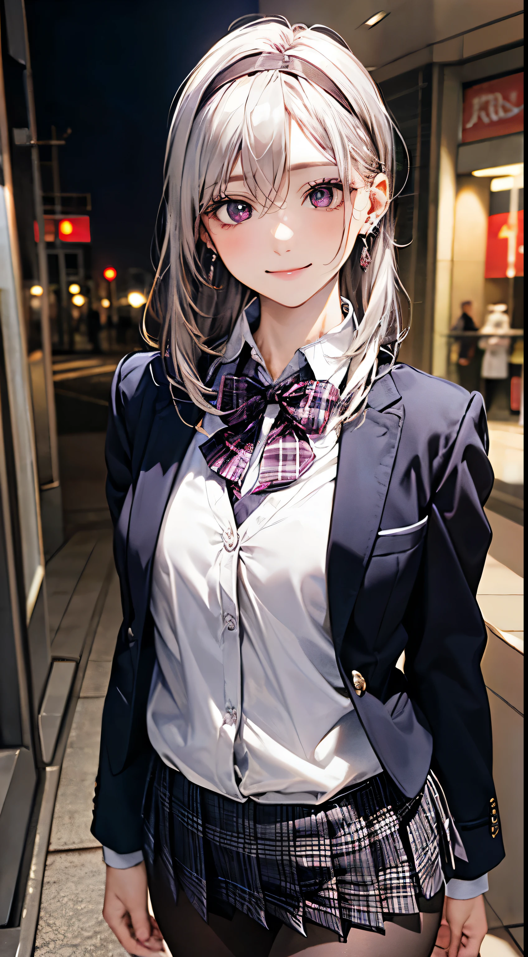 (masterpiece:1.2, highest quality), (realistic pictures:1.4), beautiful illustrations, (natural side lighting, movie lighting),
looking at the viewer, 1 girl, Japanese, high school girl, perfect face, Cute symmetrical face, shiny skin, baby face, (middle hair, straight hair, dark pink headband, silver hair), hair between eyes, The chest of an idol with deep purple eyes, seductive thighs, big ass), earrings, beautiful hair, beautiful face, fine and beautiful eyes, beautiful clavicle, beautiful body, beautiful breasts, beautiful thighs, beautiful feet, beautiful fingers, (((dark purple blazer, Clothes nearby), white collared shirt, black plaid pleated mini skirt, dark red flat bow tie), black pantyhose), (beautiful scenery), evening, (Shopping mall), walk, (cute smile, upper grade)