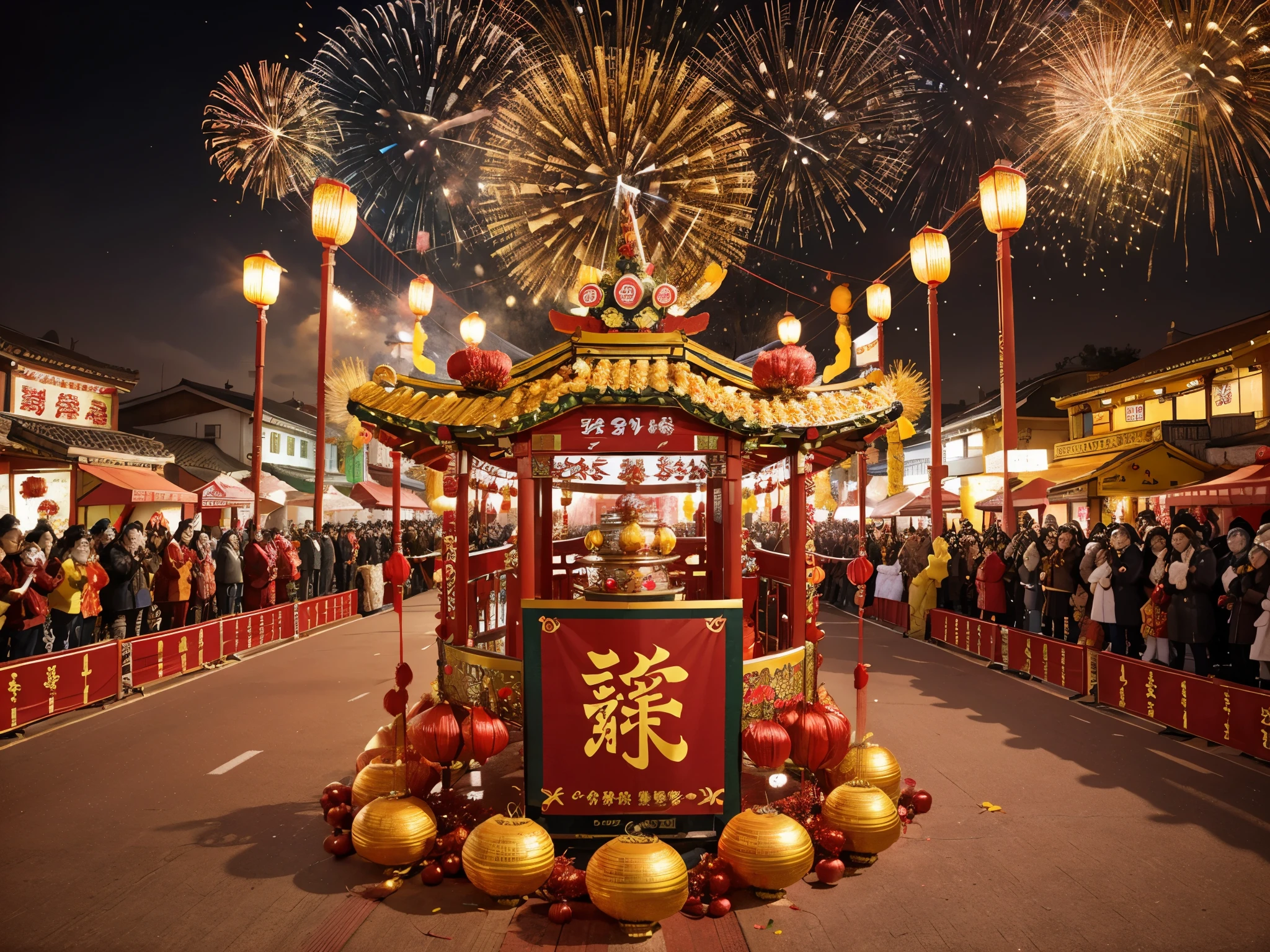 Highest quality, harmonized, and cohesive prosperity lunar new year greeting concept background graphic source with tradition and cultural significance, festive atmosphere, colorful parades, fireworks, optimism and joy.