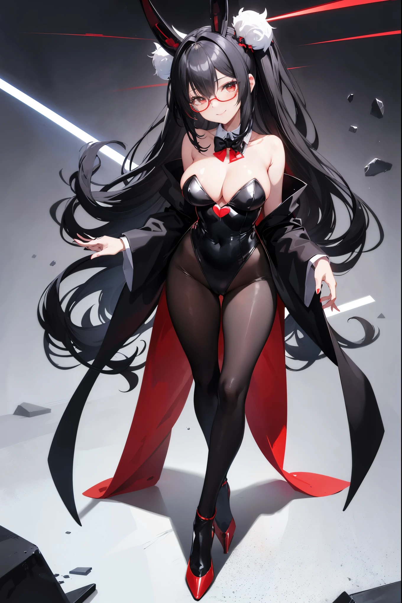 "anime girl, 1 person, black hair, shoulder length hair, red eyes, glasses, white horns, black bunny suit, black bunny girl,black bunny suit, big breasts, high heels, blushing, lewd face, smile ,standing cross-legged, viewed from different directions, rabbit hole, in a bar,(full HD 4K+ image)"