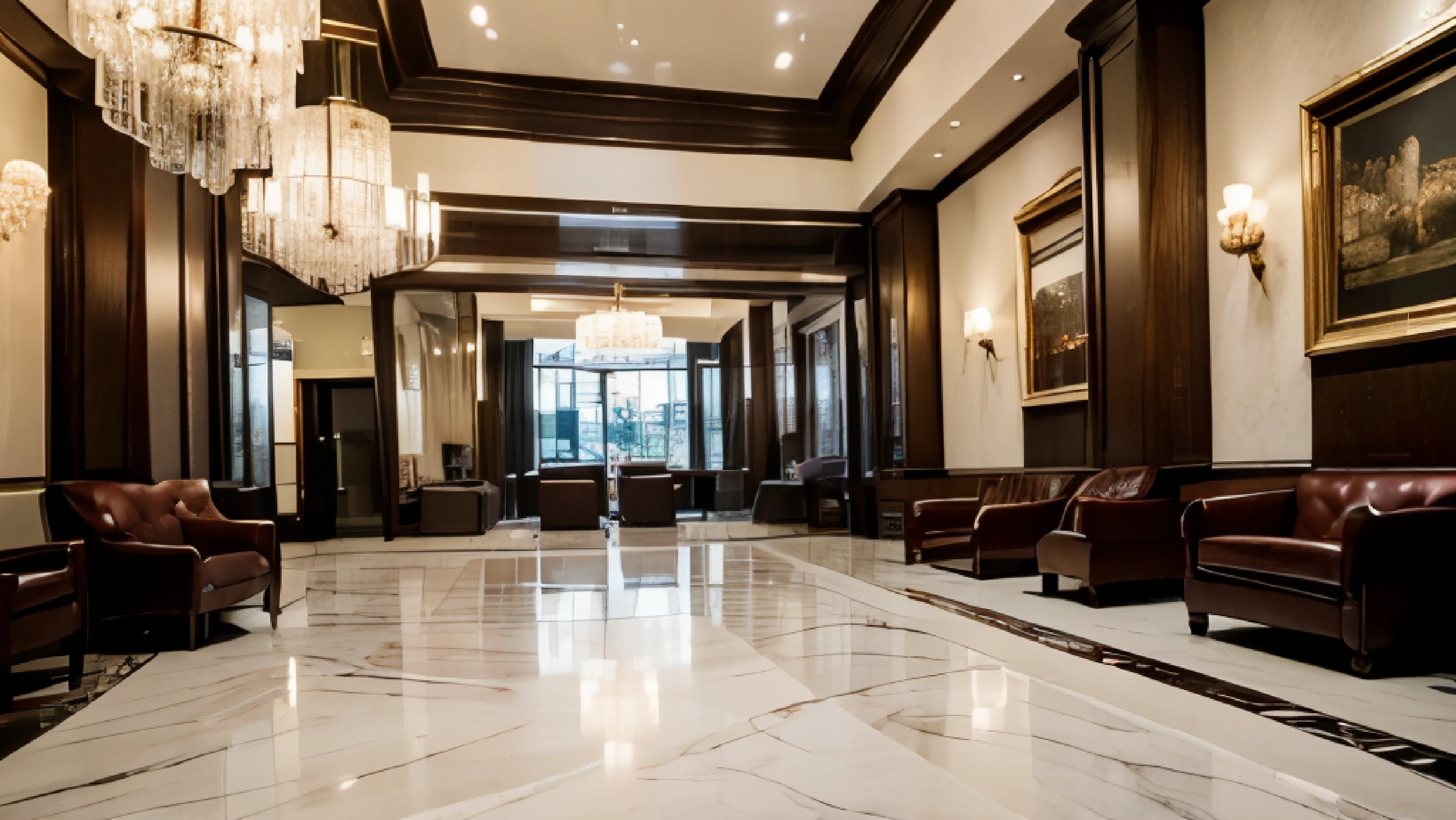 ((highest quality)), ((8k)), ((masterpiece:1.3)), (become familiar with), ((hotel lobby)), (Large space), (high ceiling), (the floor is marble), (City Image), (Check-in counter), (Sofa and low table in the waiting room), bright and modern lighting,