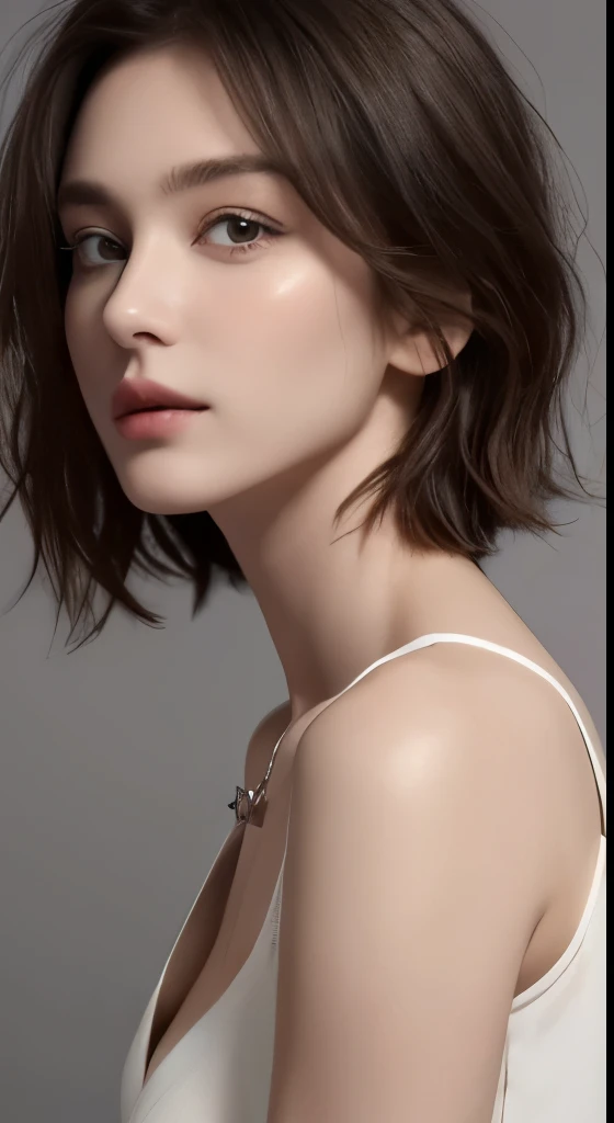 (((highest quality, 8k, masterpiece))), sharp focus, thin, cinematic lighting、perfection、soft light、high resolution skins:1.3、realistic skin texture、30 year old mature woman、small face、no makeup、short hair、dark brown hair、Detailed beautiful eyes、bust B cup、small breasts、wearing a pendant、Supermodel、cool beauty、gray background、