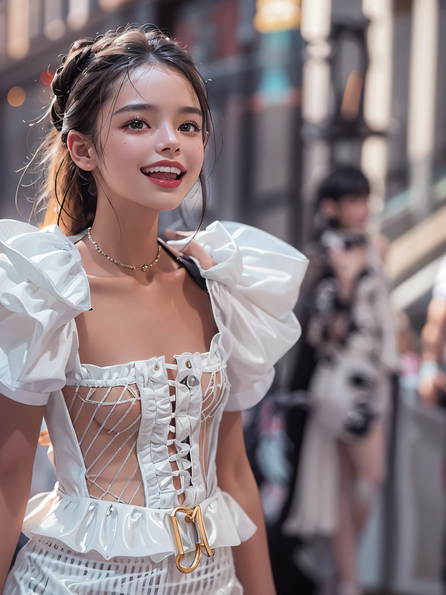 ,RAW photography, ((Portrait of extreme beauty)), wet skin, shiny cheeks, ((shiny white shiny skin)), one, extremely beautiful beautiful girl, small face, [bright shiny clear big light black eyes that shine brightly], eyeliner, smile, ((masterpiece, top quality, ultra detail, light, intricate detail, high resolution, 8k, very detail)), detailed background, 8kuhd, high quality, shallow depth of field, natural light, (perfect hands),
    (full body:1.5)
    (A happy smile:1.1)
 (standing)

 
(Supermodels strike various poses with confident smiles on the Paris Fashion Week runway.:1.3)

 Monochrome Pierrot Costume,
Opt for a fitted corset bodice with black and white diamond patterns, accentuating the waist, Layer with a ruffled, off-the-shoulder blouse in contrasting black and white hues, adorned with oversized bows for a whimsical touch,
BREAK
Pair with high-waisted black pants, featuring exaggerated ruffles or pleats for added volume and drama,
Accessorize with black and white striped stockings or tights, and patent leather ankle boots with oversized buckles for a modern twist on classic clown footwear,
BREAK