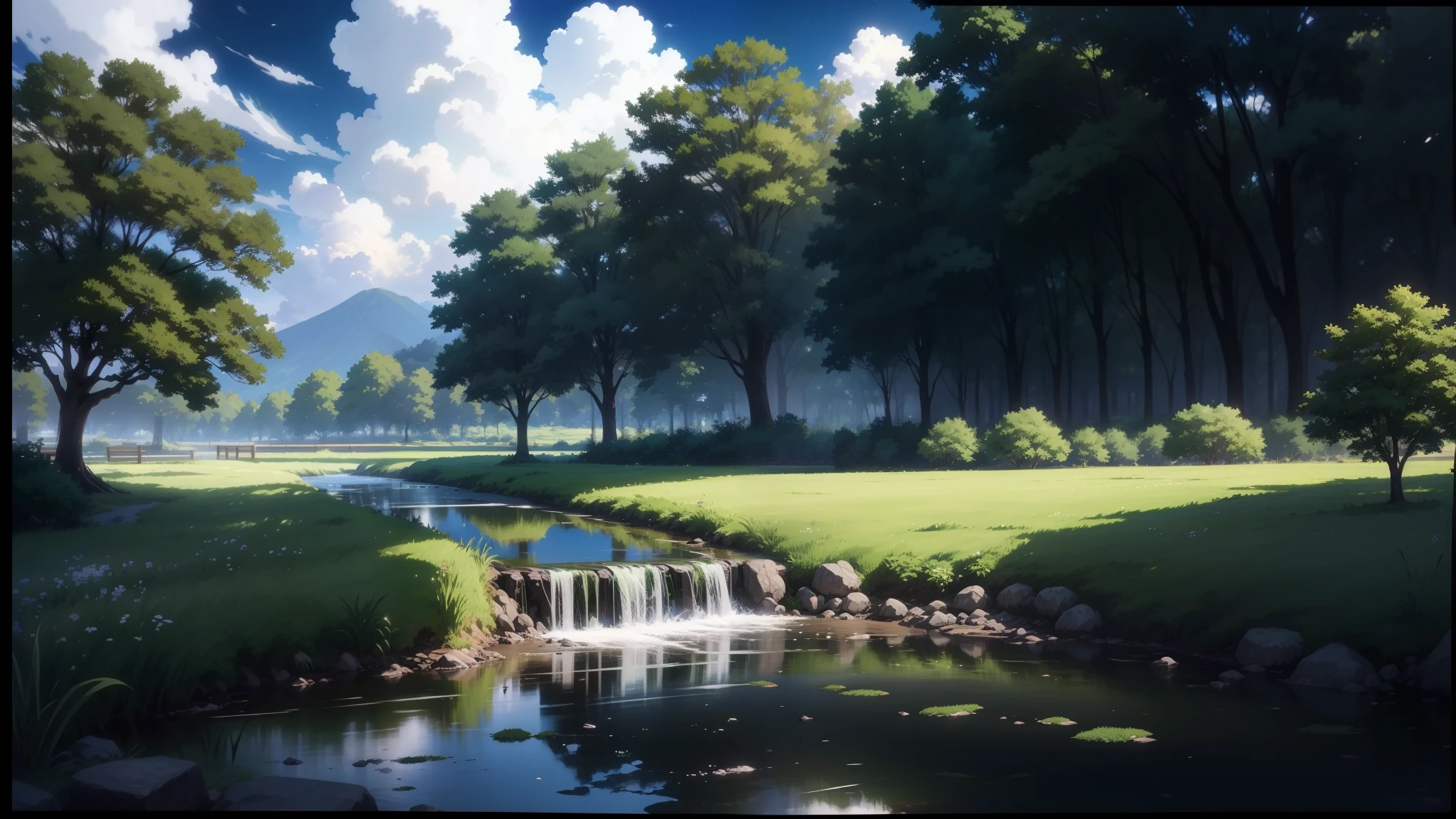 anime scenery of a small stream running through a lush green field, anime countryside scenery, anime scenery, beautiful anime scenery, anime background art, anime scenery, anime scenery concept art, beautiful anime scene, anime background, style of Makoto Shinkai, Beautiful peace scene in anime, ( ( Makoto Shinkai ) ), anime scenery wallpaper, studio glibly Makoto Shinkai