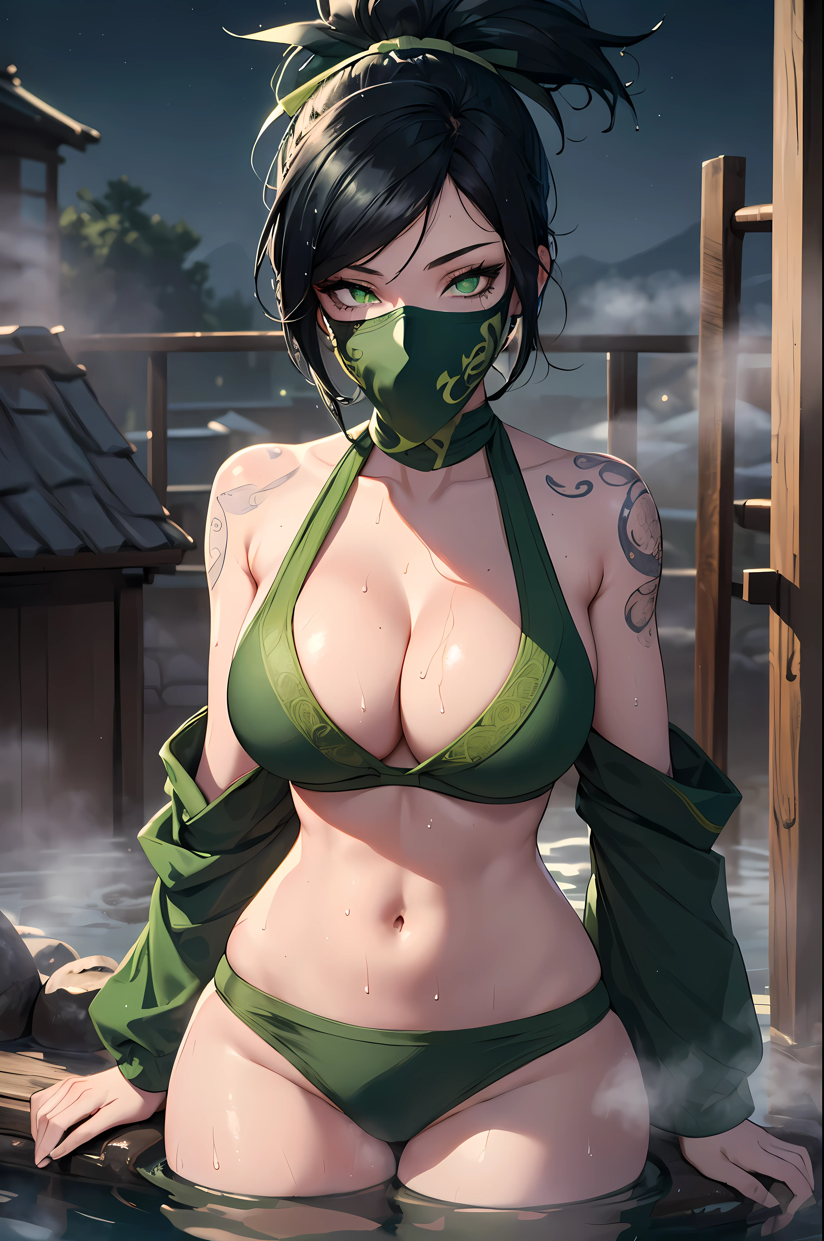 (masterpiece, best quality:1.2), intricate details, (Akali), 1 woman, (green bikini) hair ribbon, bare shoulders, (green_mask),ponytail, (Black color_Tattoo:1.2), (Black color hair, sexy중년여성) , (big bust:1.2) , (wide hips, sexy:1.2) , (Spa) , (outdoor) ,(Kunoichi) , (cloudy:1.5) , (night:1.2) ,(dark), (green eyes:1.2) , ( a look:1.4) , (split) , (wet:1.2)