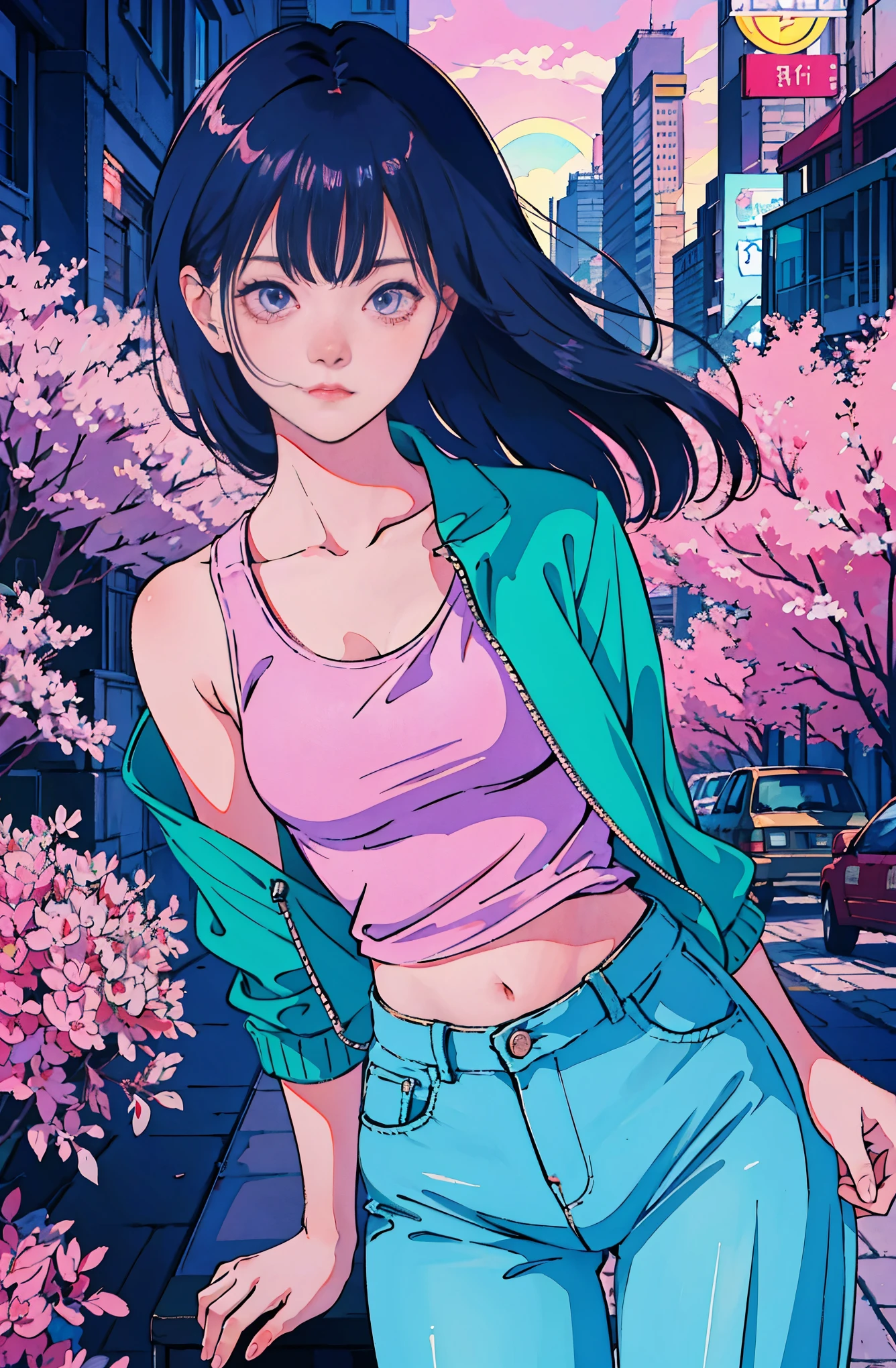 a beautiful asian girl standing on a street lined with trees adorned with bright purple flowers. The girl was wearing a white tank top covered with a pink trucker jacket and blue short jeans. In the background, urban buildings and a parked car are visible. The scene exudes a serene atmosphere, bathed in natural light, creating a lens flare and background light. Dolly ramp transition effect, profesional color gradient, 90s/80s Anime Moontage Style