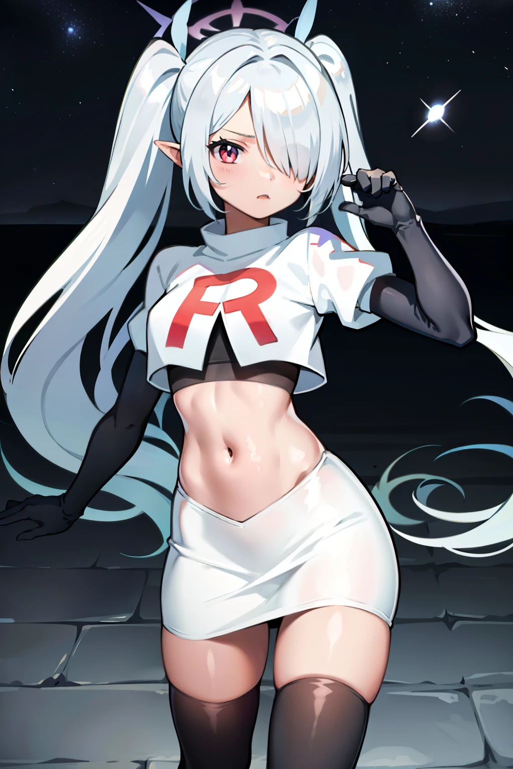 (masterpiece), 1girl, hair over one eye,magical world, shiny steps, beautiful sky, stars, jupiter, ioridef, team rocket,team rocket uniform,white skirt,crop top,black thigh-highs,black elbow gloves,