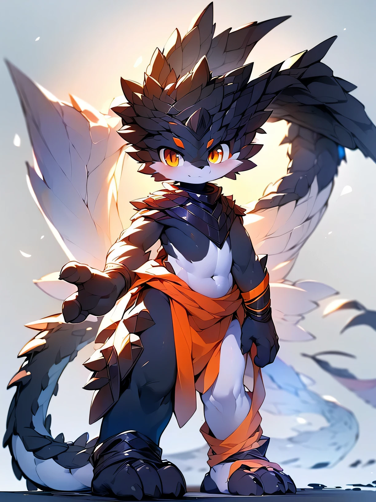 black dragon, ((softboy, charming, skinny，White skin, (big orange eyes), black scales, paw, Smooth all over，show body，Wolf's ears，stand on the ground, blank background， only one person，Detailed facial depiction, accurate detail depiction, 4k HD