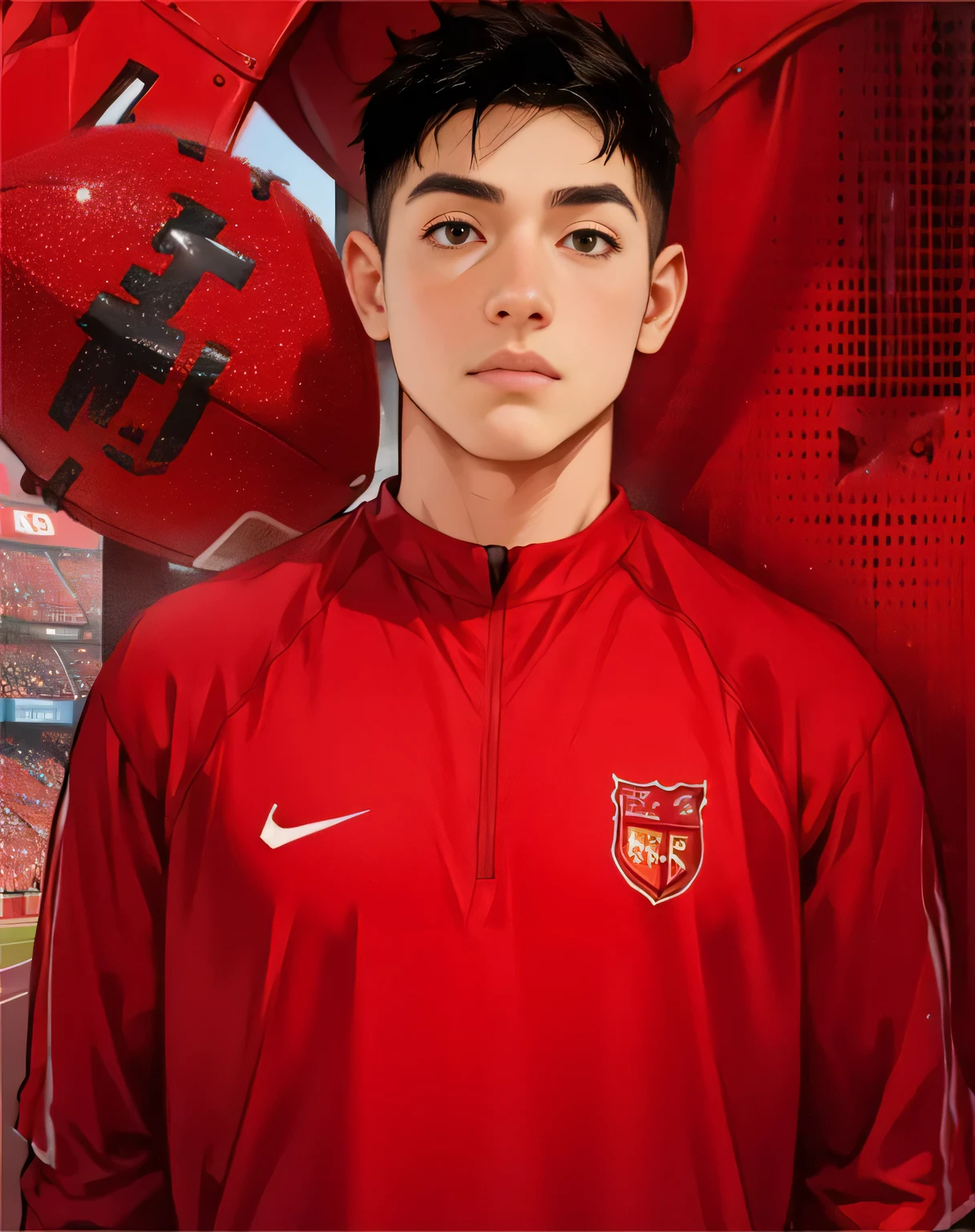 A boy in a red T-shirt,stand up straight,football field