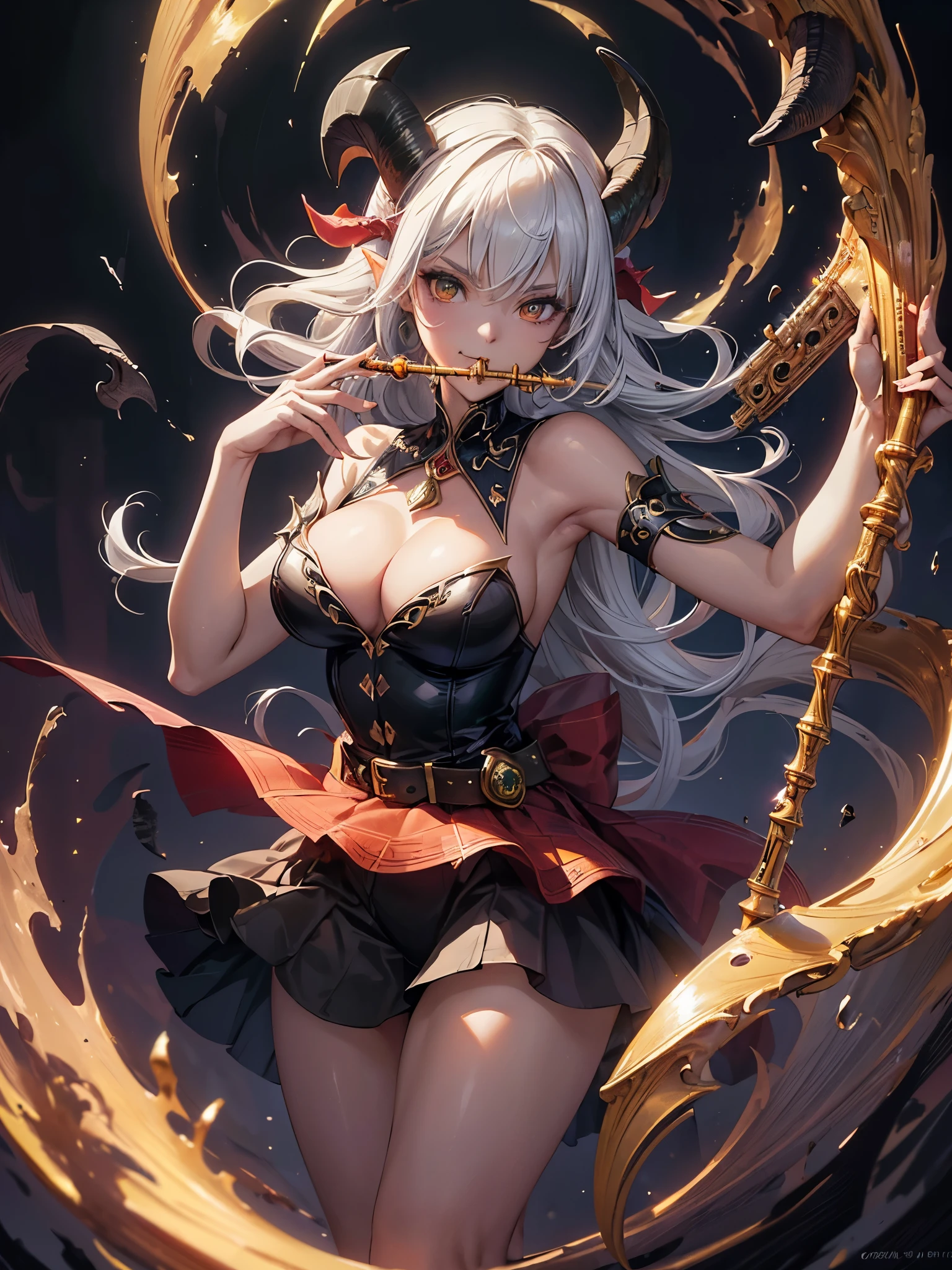 ((highest quality)),(ultra high resolution),(Super detailed),(detailed description),((best CG)),(best work of art),super precision art,amazing drawing art,(Fantasy art with precise details:1.5), (Female Devil:1.6),(beautiful and well-shaped face:1.5),crazy smile:1.4,(Belt clothing detailed and detailed:1.6,),(Large twisted goat horn:1.6), (play the flute in the dark:1.7),pale flame:1.8,bat