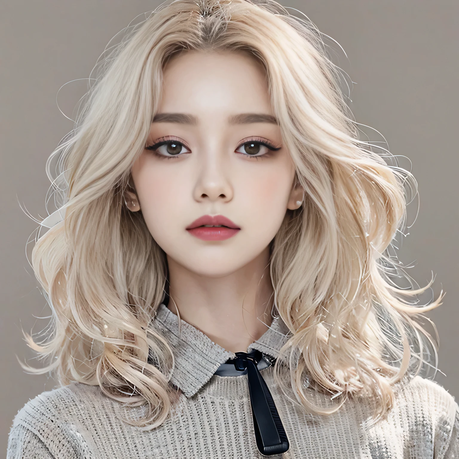 (8k)、(best image quality:1.5)、gray background、close up of face、1girl、masterpiece、delicate and sharp eyes、brown eyes、eye power、delicate face、cup、fascinating face、platinum blonde hair、Semi-long wave、cute clothes、Long shirt that shows your collarbones、gal、Emphasis on the clavicle、