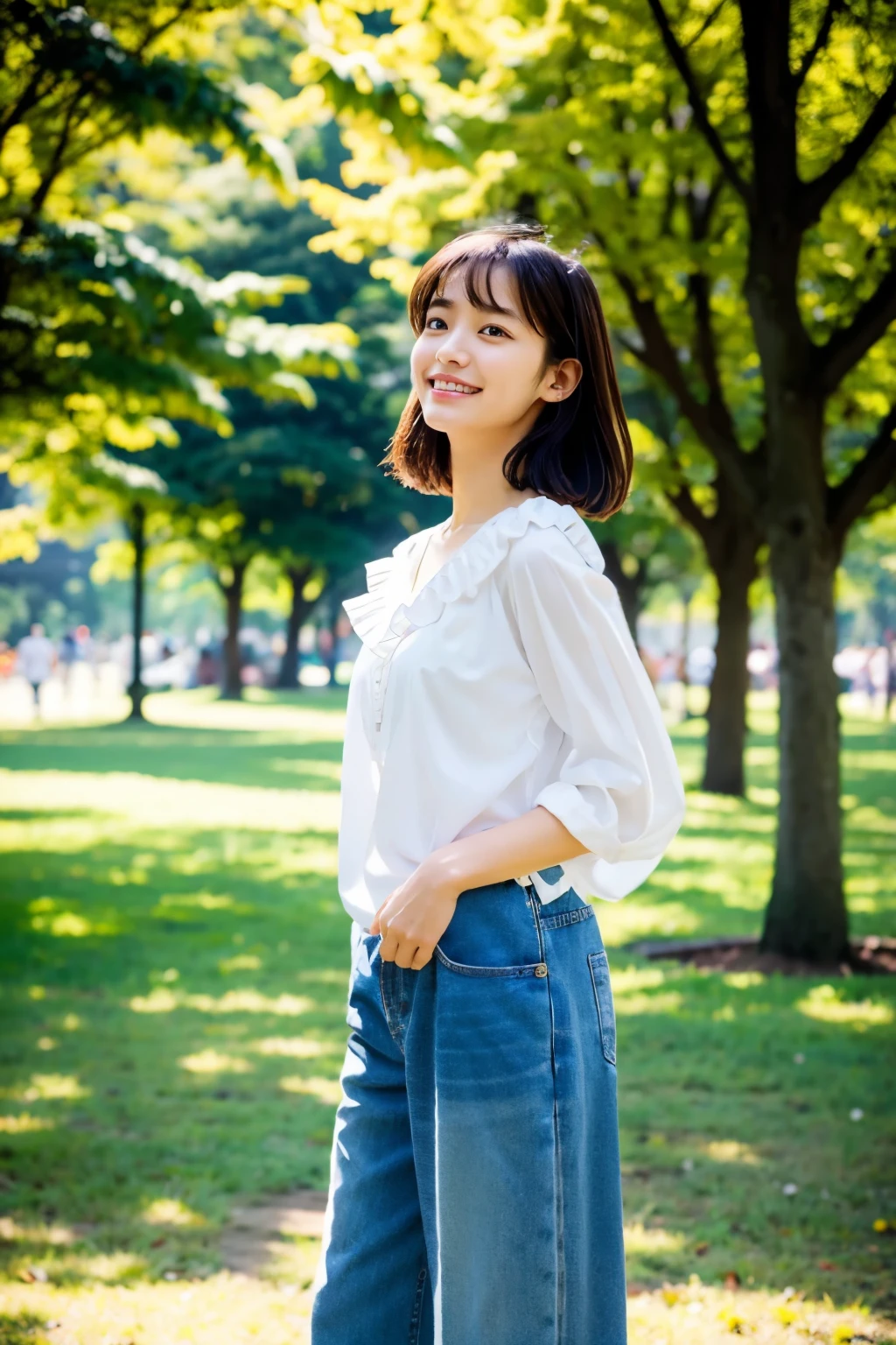 from Japan, (masterpiece, best quality:1.2), (raw photo),  analog photo,
(beautiful 18yo girl),  
BREAK
(white frilled tunic), (baggy denim pants),
BREAK
(sunlight:0.8), (Dramatic Lighting:0.8),(lens flare:0.7),(depth_of_field:1.2), 
(at the park), (looking away),  (shame smile), (from below),