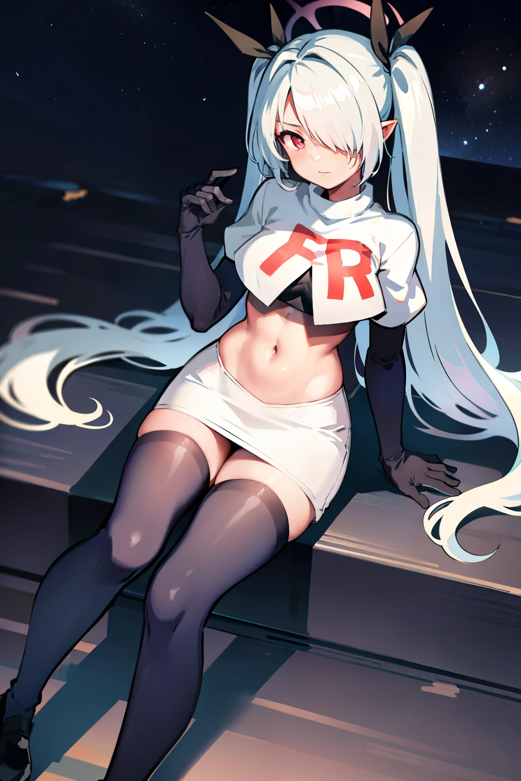(masterpiece), 1girl, hair over one eye,magical world, shiny steps, beautiful sky, stars, jupiter, ioridef, team rocket,team rocket uniform,white skirt,crop top,black thigh-highs,black elbow gloves,