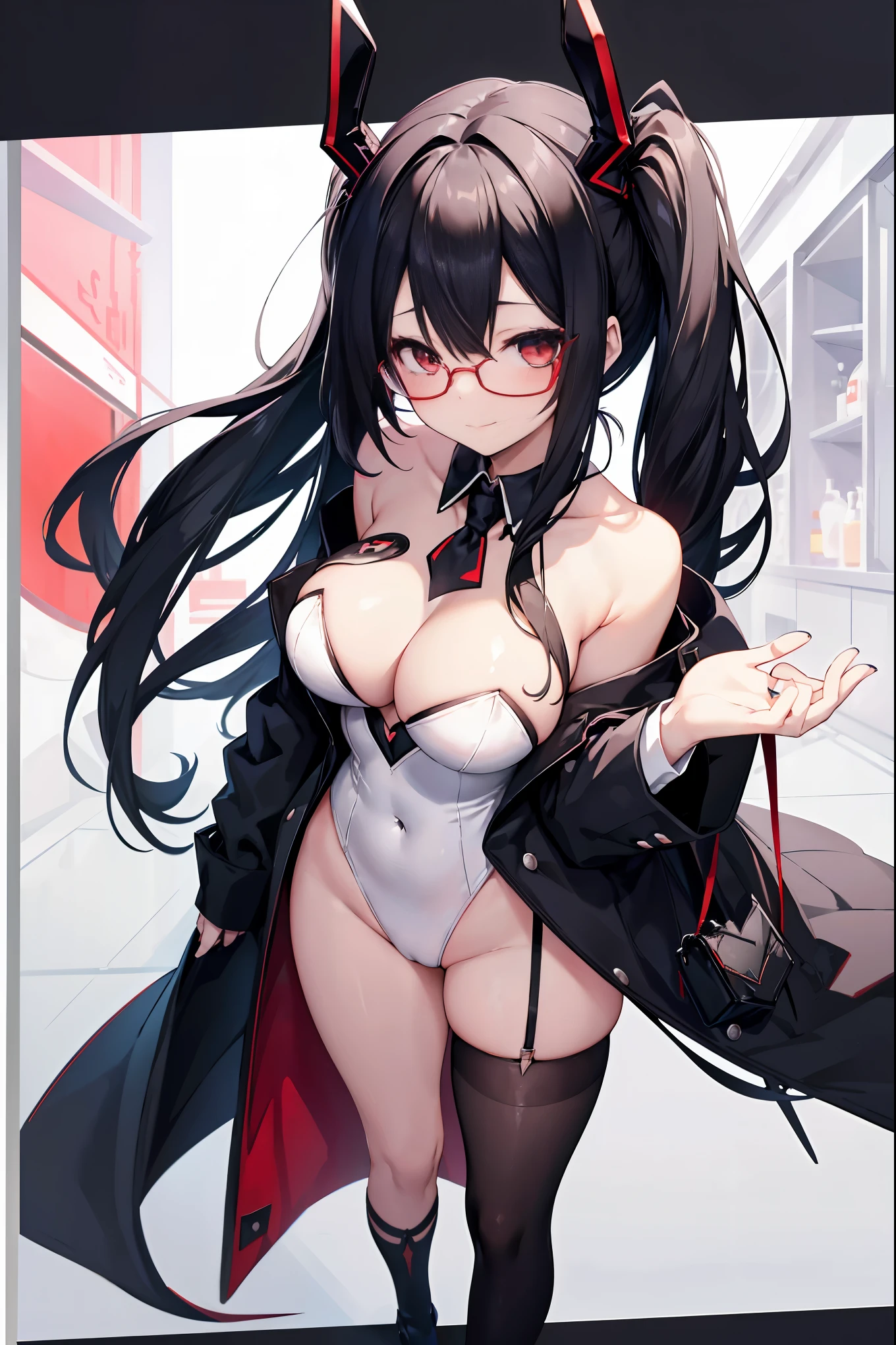 "anime girl, 1 person, black hair, shoulder length hair, red eyes, glasses, white horns, black bunny suit, black bunny girl,black bunny suit, big breasts, high heels, blushing, lewd face, smile ,standing  cross-legged, viewed from different directions, rabbit hole, in a bar,(full HD 4K+ image)"