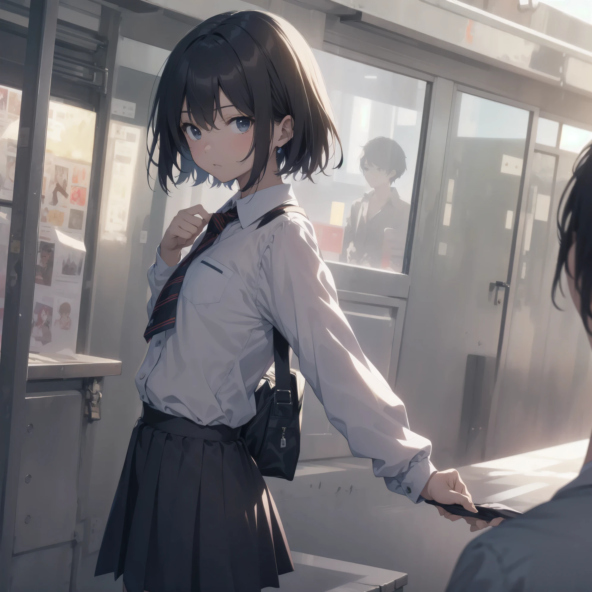 Super absurd quality by the god of art, super detailed, High resolution, anime moe art style, Best Anime 8K Kona-chan Wallpaper, pixiv contest winner, perfect anatomy, break,(眠そうにalone学校へ行く女の子を描いてください. )break,1 girl, (alone,little woman, baby face, 13 years old:1.3),All limbs, full finger,, The charm of an immature body, (very_short hair), Bang, flat chest, small ass, between legs, small black eyes, detailed and beautiful eyes, Well-proportioned iris and pupils, expressive eyes, sleepy eyes, High resolutionの詳細な髪, neck ribbon, shirt, collared shirt, skirt, pleated skirt, school uniform, school bag,(detailed lighting), (detailed background), On the way to school. break,super dense skin, Best cinematic lighting powered by famous artist, 8k, Beauty Illustration,photoshop_(Moderate),Absurd Hi-Res,Hmm,rough skin,break,((artist:shinkai makoto)), artist:Ilya Kuvshinov,artist:kirisawa juuzou,artist:Fujiyama