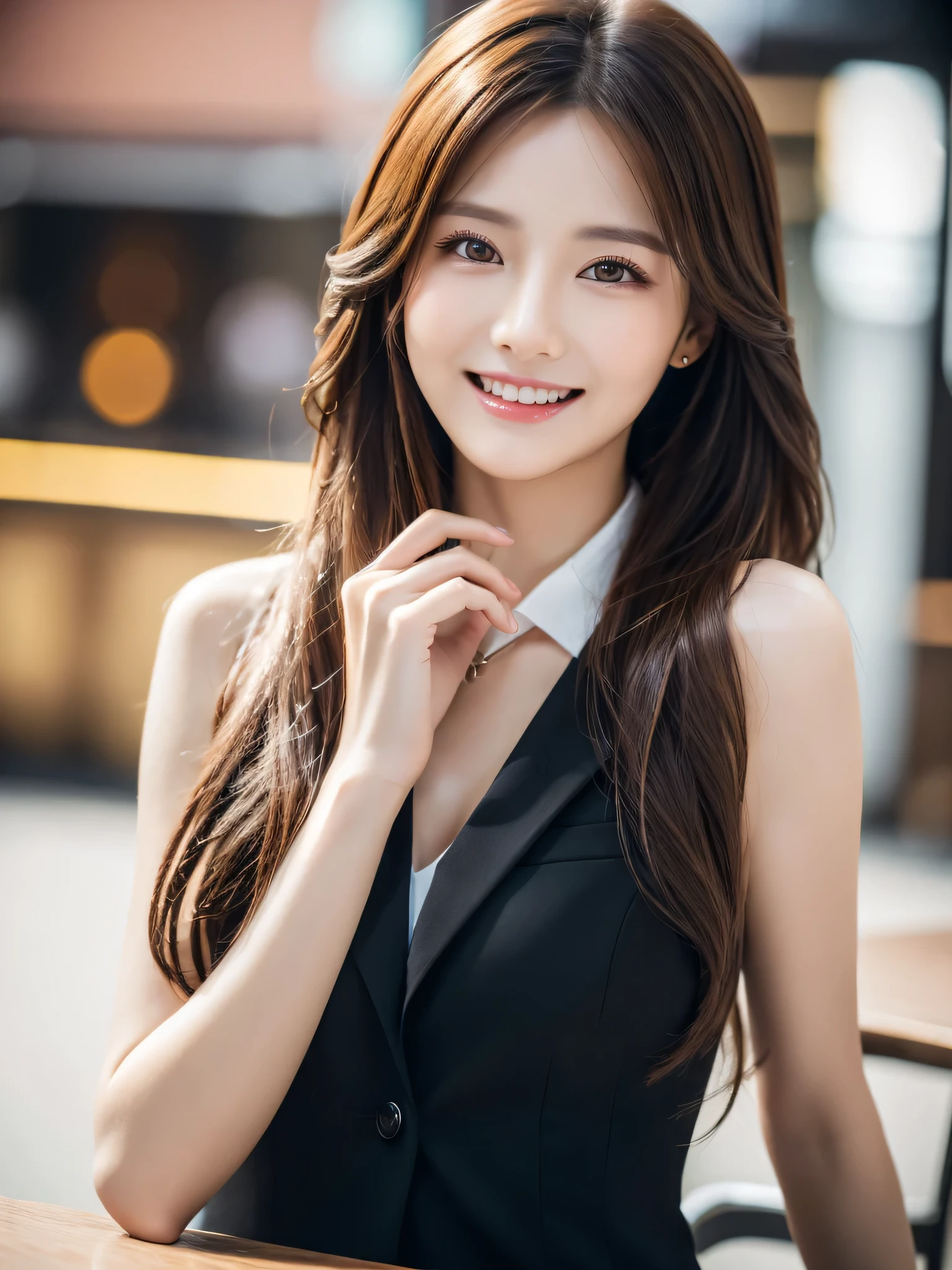 table top、highest quality、genuine、Super detailed、finely、High resolution、8k wallpaper、one beautiful woman、、、light brown disheveled hair、wearing a business suit、sharp focus、perfect dynamic composition、beautiful and detailed eyes、thin hair、Detailed genuine skin texture、smile、close-up portrait、model body shape