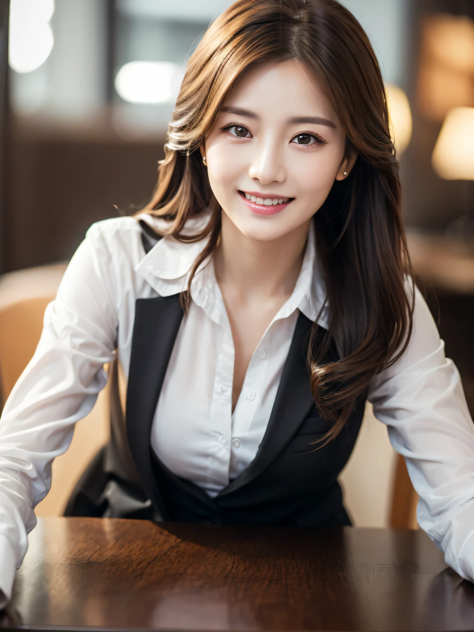 table top、highest quality、genuine、Super detailed、finely、High resolution、8k wallpaper、one beautiful woman、、、light brown disheveled hair、wearing a business suit、sharp focus、perfect dynamic composition、beautiful and detailed eyes、thin hair、Detailed genuine skin texture、smile、close-up portrait、model body shape