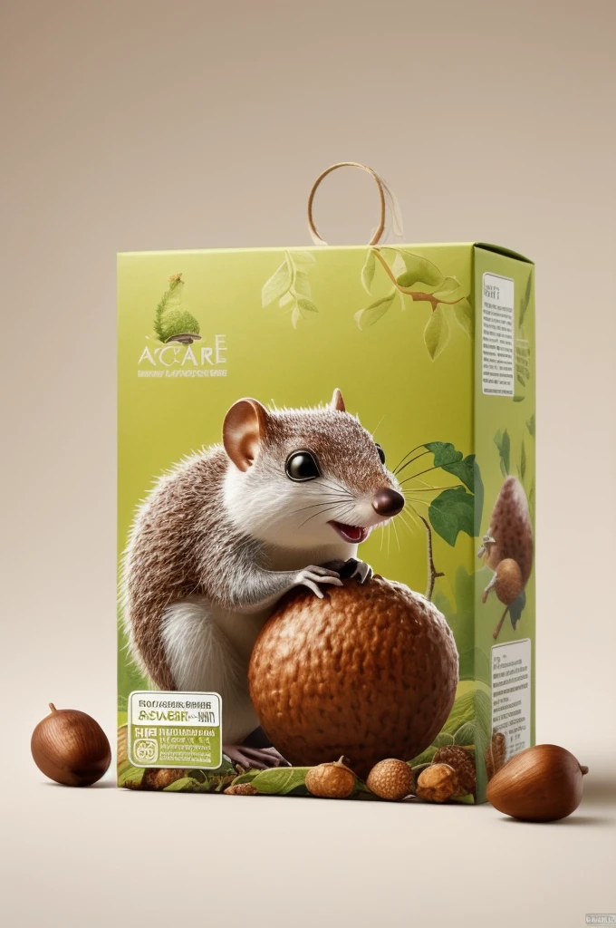 Modern packaging design, Acorn product packaging, tree shrew hold big Acorn illustration, (inspired by madness tree shrew named scrat in movie "Ice Age"), simple background, HD resolution, simple style, actual, Natural light, gift packaging, (best quality, masterpiece, Representative work, official art, Professional, Ultra intricate detailed:1.3)