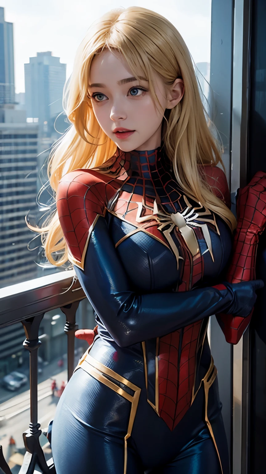Blonde girl in a Spider-Man costume , a large bust stands on a balcony in the city ,