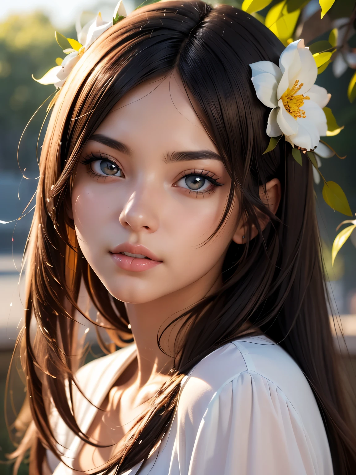 anime girl with long black hair wearing a white shirt and a flower crown, beautiful anime portrait, stunning anime face portrait, beautiful anime girl, kawaii realistic portrait, detailed portrait of anime girl, portrait anime girl, realistic anime 3 d style, realistic young anime girl, realistic anime artstyle, young anime girl, anime realism style, realistic anime art style
