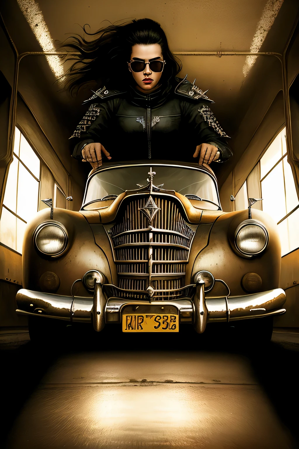 faithful image of an old rusty 1955 cadilac eldorado with spikes and spikes on the hood, the front of the car is sinister, there are crucifixes in the car'pintura adornada no carro, military style with modifications, carro steampunk, dramatic art, estilo de arte dieselpunk, apocalyptic road warrior vibe, a girl with sunglasses is inside the car, Arte digital surreal, Mad Max inspirado, heavy metallic artwork, simetria da face cromada, arte Steampunk digital, It's not the Mad Max style, metallic art, It's not Filip Hodas' art style, arte digital steampunk, dieselpunk, em um mundo hightech