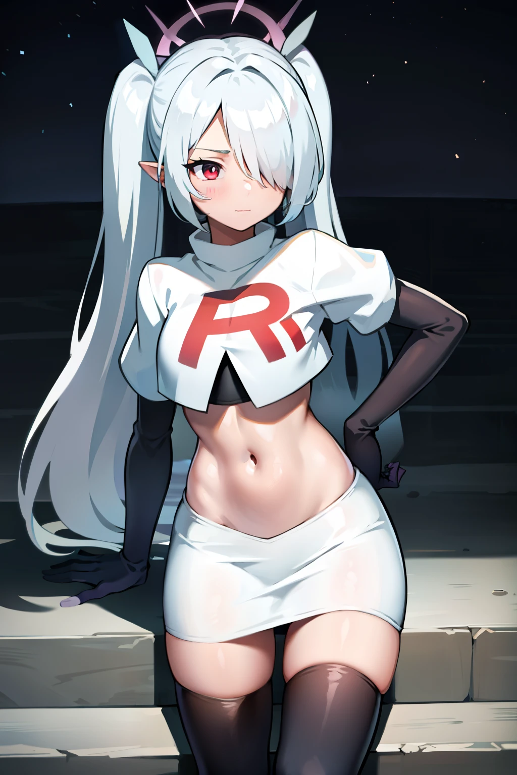 (masterpiece), 1girl, hair over one eye,magical world, shiny steps, beautiful sky, stars, jupiter, ioridef, team rocket,team rocket uniform,white skirt,crop top,black thigh-highs,black elbow gloves,