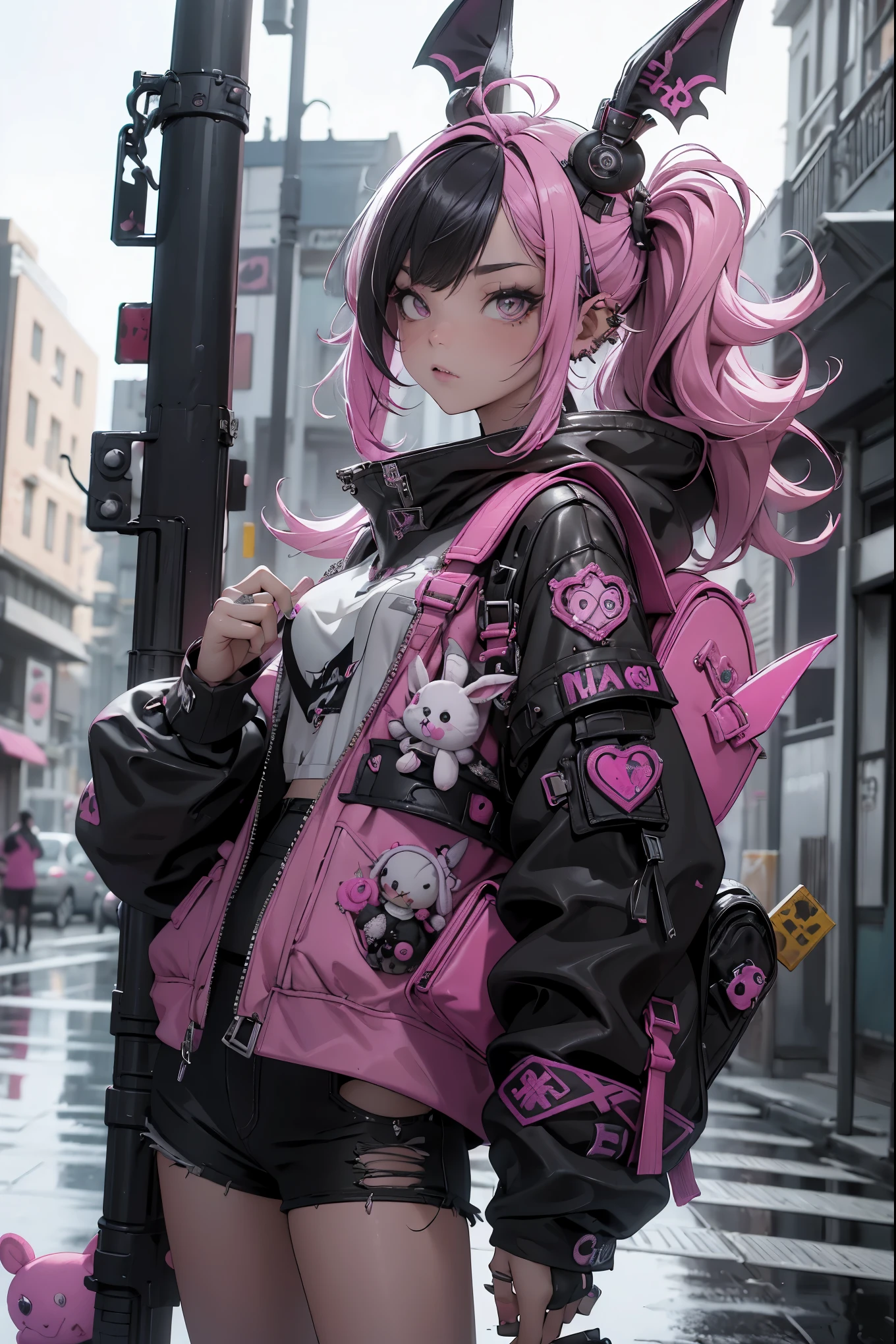 (highest quality、8k、32K、masterpiece、nffsw:1.3)、(Photoreal:1.4),(shoot from front,looking at viewer:1.5)、((18-year-old punk girl,eccentric punk hair:1.3)),((pink and black punk fashion:1.5)),(rabbit stuffed animal:1.5)clothes with studs、((holding a bloody bat in his right hand:1.5))、((black backpack on the back))、(bright black and pink hair:1.5),Wacky makeup、、dark background、Desolate city in the rain、puddle on the road、(cinematic lighting)、Depth of the bounds written,blurred background、