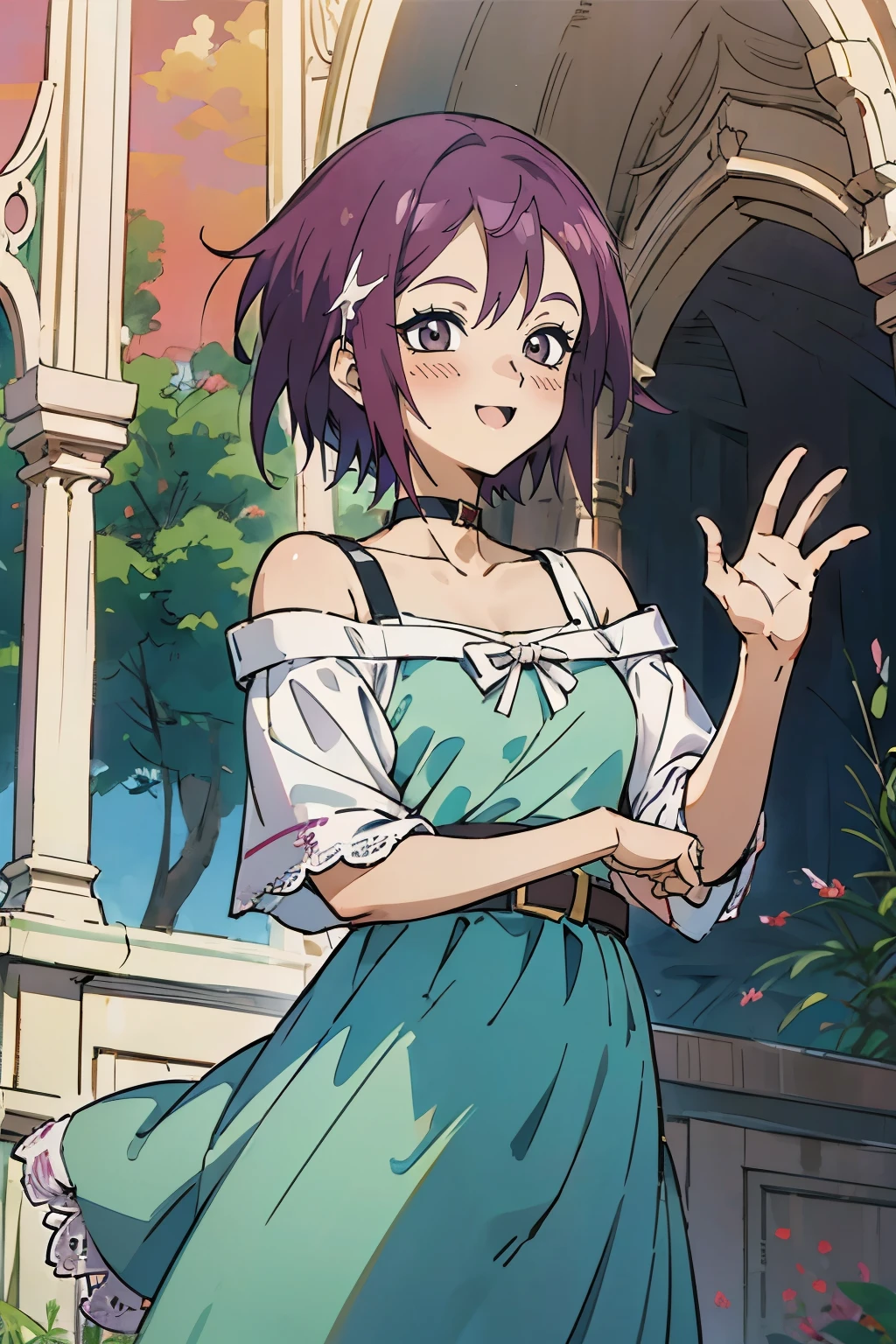 masutepiece, Best Quality, Ultra-detailed, Kisho, jigokuraku, 1 girl, reddish Purple hair, Gray eyes, showa town, Ruins, Bang, Beautiful sky, shining sky, Sunshine, Smiling, Waving, Black Belt, black choker, dresses that blow the wind, lace dress, wool sweaters, off-shoulder sleeves