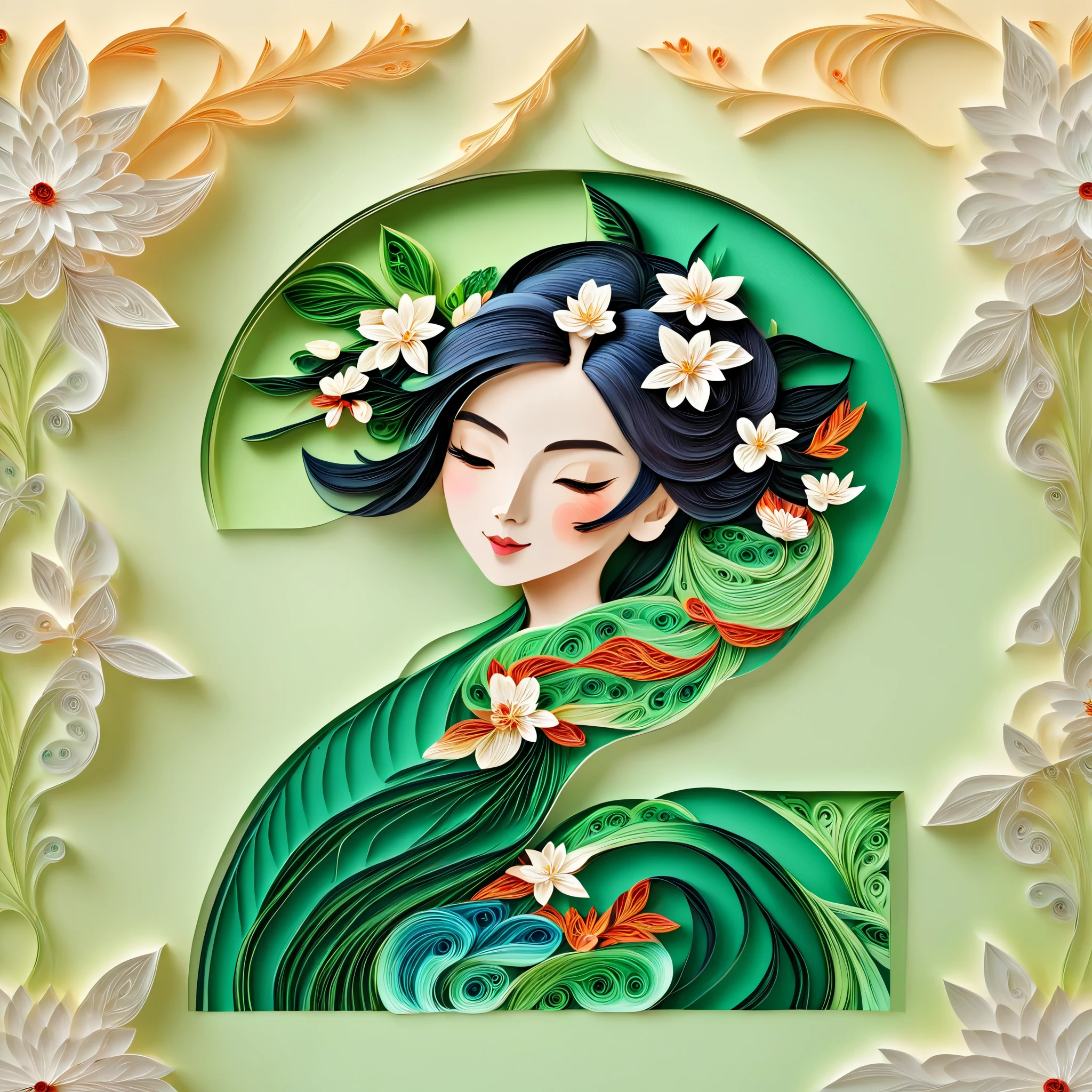 Light Green background,(Beautiful girl portrait, Jasmine),(Oriental elements, Chinese color,Very colorful),(number art, paper art,layered paper art,paper quilling,paper-cut,paper sculpture)
