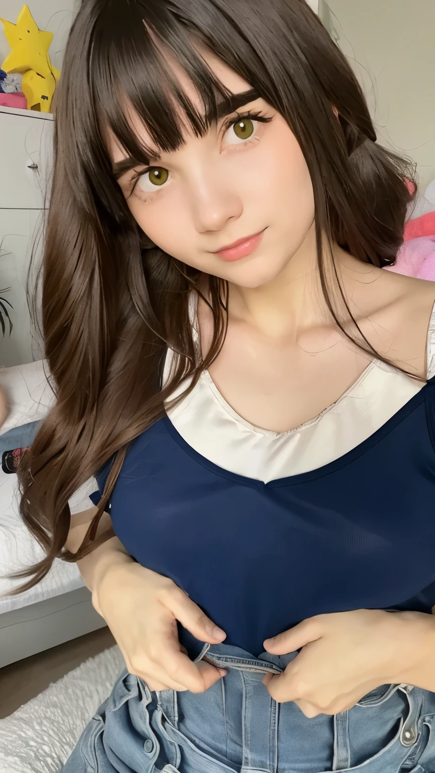 one girl、((smile:0.1))、pretty girl、brown hair、baby face、young、delicate girl、Upper body、small breasts、unreasonable precision、Super detailed、camisole、completely flat、Honesty、thin arms, professional lighting, film grain, chromatic aberration, (Eye and face details:1.0), (Bokeh:1.1)、software:1.5)))、 highest quality, 8k, 14 years,