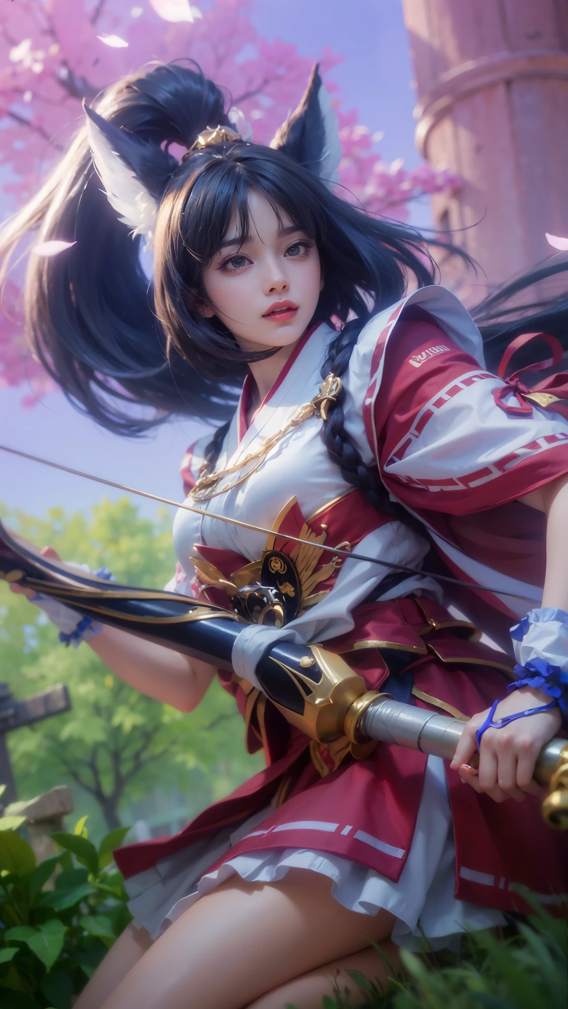 Masterpiece, best picture quality, high quality, beautiful woman, Japanese, popular Korean makeup, detailed, swollen eyes, detailed eyes, detailed skin, beautiful skin, ultra high resolution, (reality: 1.4),very beautiful, slightly younger face, beautiful skin, slender, (ultra realistic), (illustration), (high resolution), (8K), (very detailed) (best illustration), (beautifully detailed eyes), (super detailed), (wallpaper), (detailed face), looking at viewer, fine details, detailed face, pureerosfaceace_v1, smiling, looking straight ahead, looking straight ahead, angle from waist up, realistic photo, bright lighting, professional lighting, black hair (some of hair part green), long hair, dark ruins, big red moon, gorgeous red and black dress, woman, long stylish bangs.