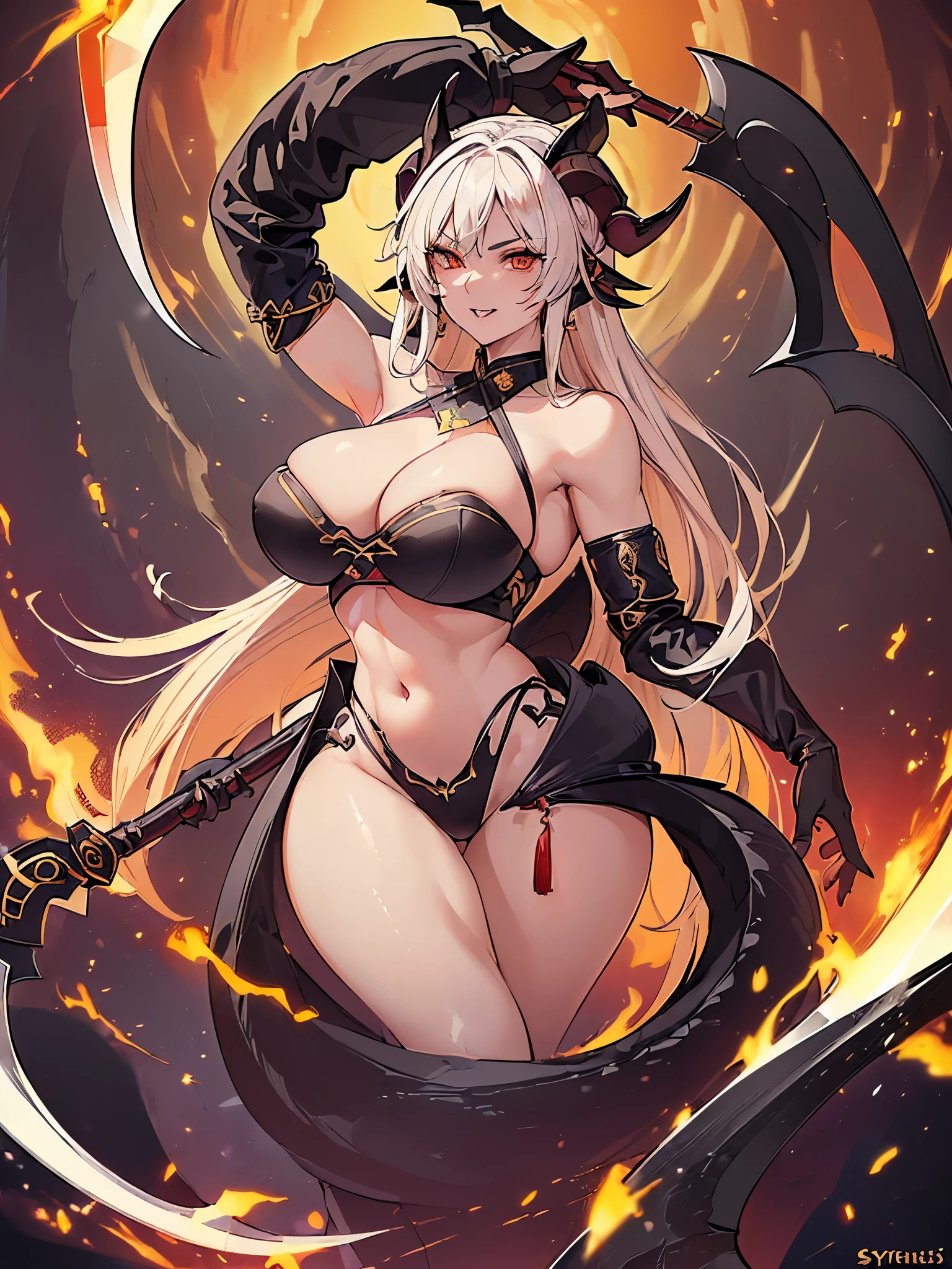 ((highest quality)),(ultra high resolution),(Super detailed),(detailed description),((best CG)),(best work of art),super precision art,amazing drawing art,(Fantasy art with precise details:1.5), (Female Devil:1.6),(beautiful and well-shaped face:1.5),crazy smile:1.4,(Belt clothing detailed and detailed:1.6,),(Large twisted goat horn:1.6), (魂を刈り取るscythe:1.7),pale flame:1.8,scythe
