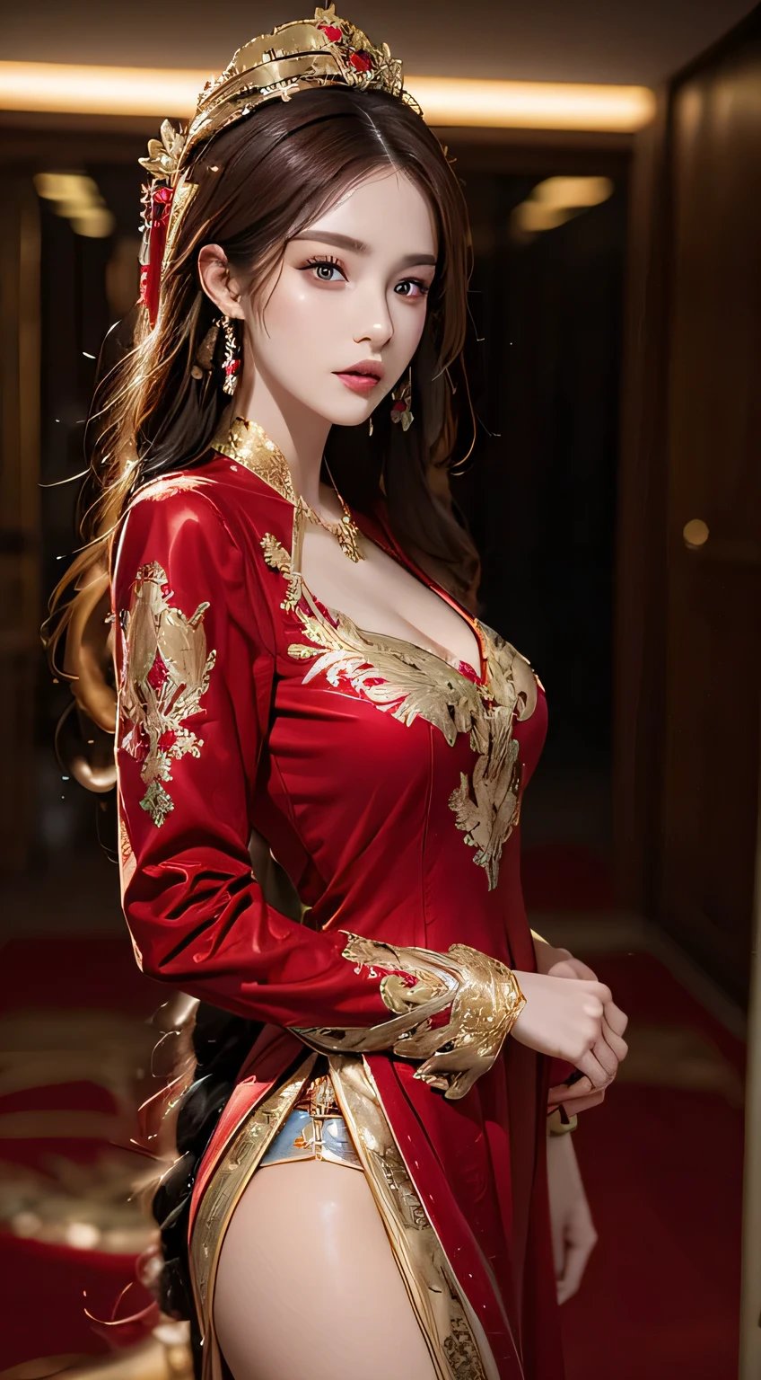 lifelike, high resolution, 1 female, Buttocks up, beautiful eyes, long hair, tattoo, jewelry, eye socket, red and gold dress, crown