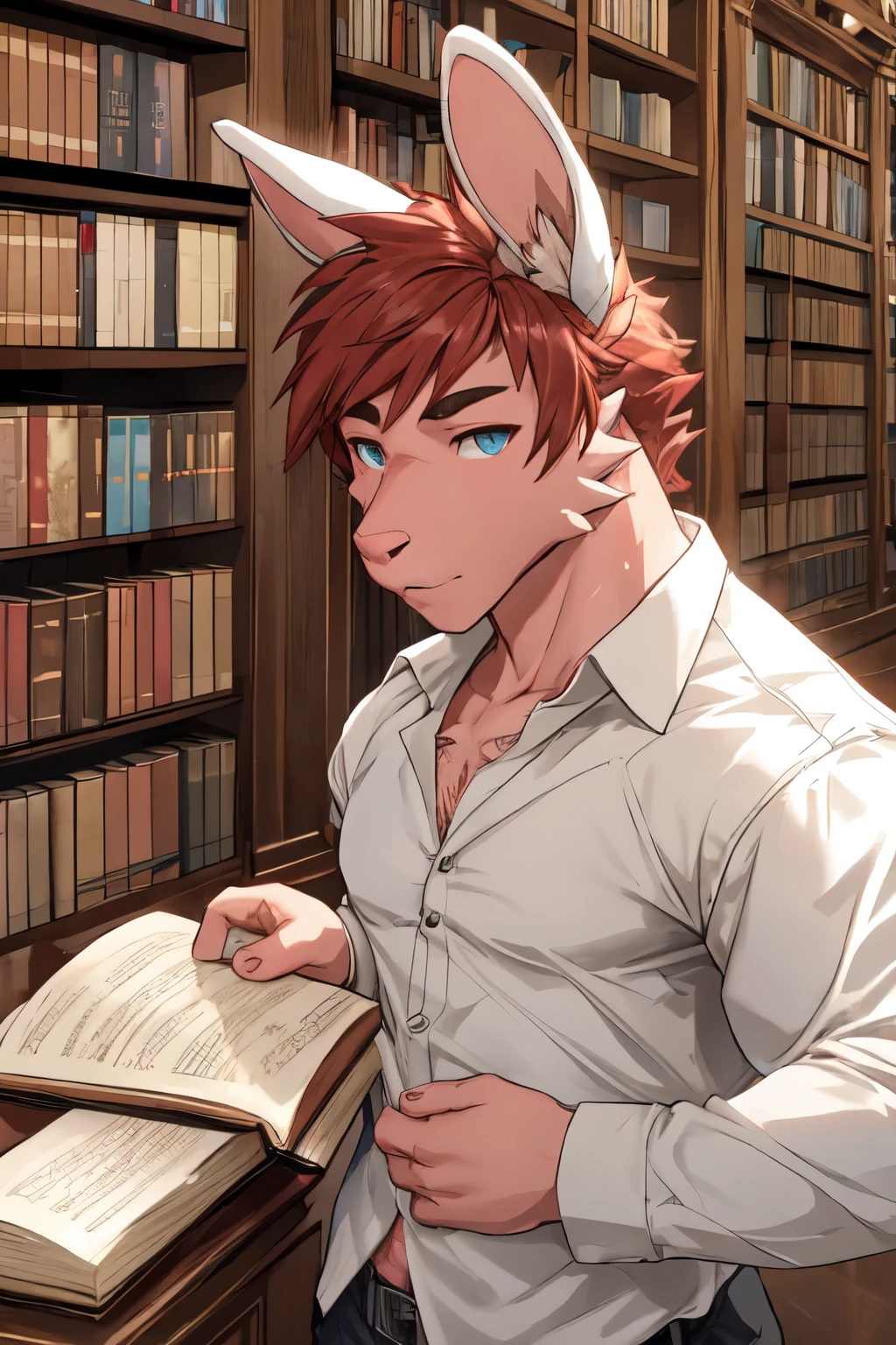 bara furry bunny, perfect face red short hair, pink skin, big dick, in library