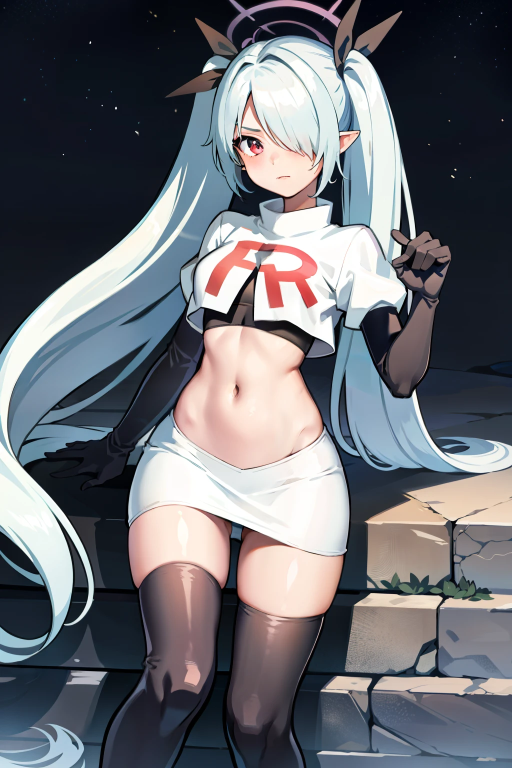 (masterpiece), 1girl, hair over one eye,magical world, shiny steps, beautiful sky, stars, jupiter, ioridef, team rocket,team rocket uniform,white skirt,crop top,black thigh-highs,black elbow gloves,