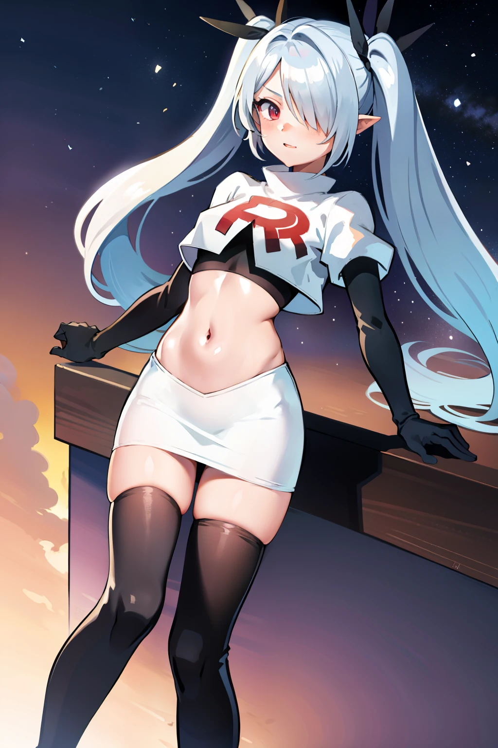 (masterpiece), 1girl, hair over one eye,magical world, shiny steps, beautiful sky, stars, jupiter, ioridef, team rocket,team rocket uniform,white skirt,crop top,black thigh-highs,black elbow gloves,