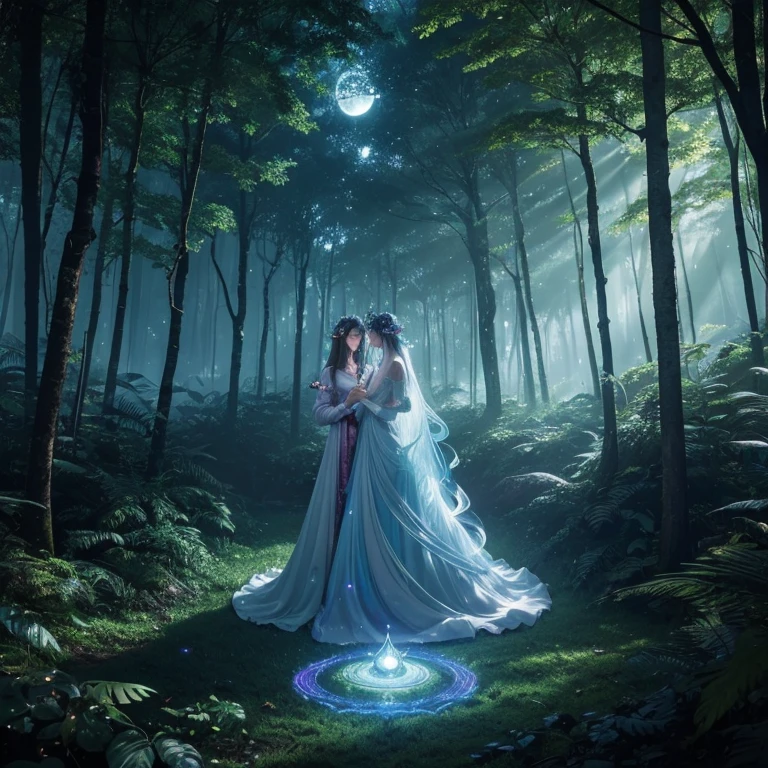 Within the ethereal realm of a moonlit forest, a mesmerizing magic circle radiates an enchanting glow, inviting the viewer into a mystical journey where reality merges with the surreal. Enchantresses in billowing gowns dance around the circle, their faces hidden beneath ornate masks, casting spells with iridescent wands, conjuring ethereal creatures and otherworldly elements from the dense foliage. The magic circle's pulsating energy illuminates the forest floor, revealing intricate patterns and secrets that only those with pure intentions can uncover. Explore this mystical landscape and capture the breathtaking moment as the circle's spellbinding illusions come to life. (Style inspiration: Taro Okamoto, Mesmerizing, Candid)