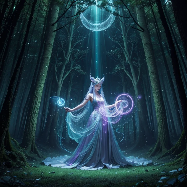 Within the ethereal realm of a moonlit forest, a mesmerizing magic circle radiates an enchanting glow, inviting the viewer into a mystical journey where reality merges with the surreal. Enchantresses in billowing gowns dance around the circle, their faces hidden beneath ornate masks, casting spells with iridescent wands, conjuring ethereal creatures and otherworldly elements from the dense foliage. The magic circle's pulsating energy illuminates the forest floor, revealing intricate patterns and secrets that only those with pure intentions can uncover. Explore this mystical landscape and capture the breathtaking moment as the circle's spellbinding illusions come to life. (Style inspiration: Taro Okamoto, Mesmerizing, Candid)