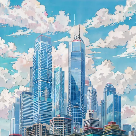 hong kong financial center background,high-rise building, hayao miyazaki style,blue sky and white clouds