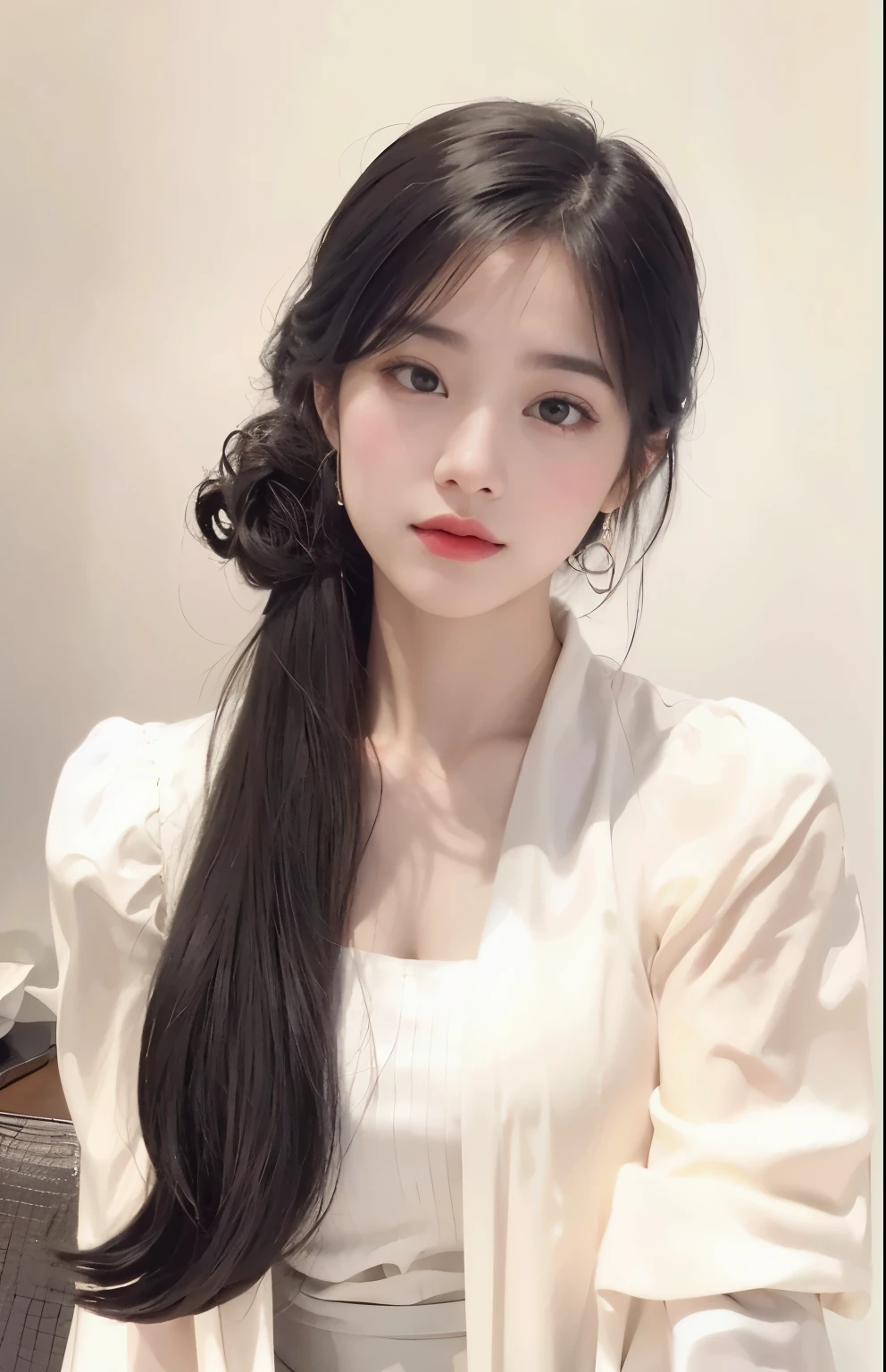 (best quality,masterpiece:1.2),1 girl,alone,White skin,8k,ultra high resolution,Super detailed,best quality,looking at the audience,perfect lighting,(Flat light),super high quality,ultra high resolution,(lifelike),perfect anatomy,(bangs blonde),(long hair),yellow hair,((White background)),((simple background)),(White shirt dress),Ribbon decoration,18 year old girl,Mayari,Bell sleeves,(((Upper body))),front face,