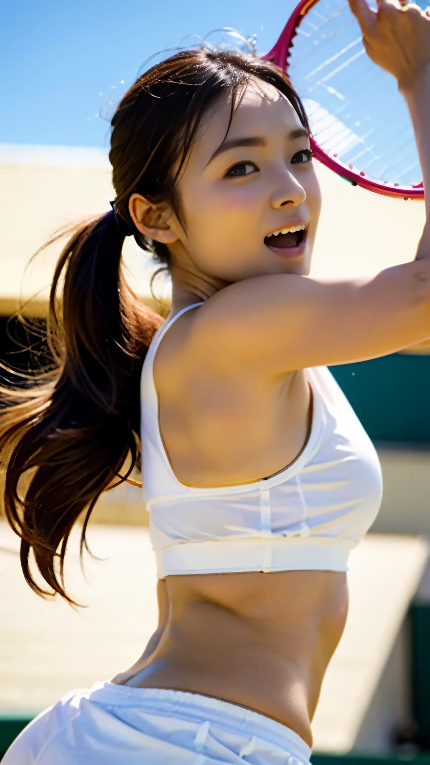 ((perfect anatomy)) ,A beautiful 20-year-old tennis player in a white sun visor, tankini and tennis skirt, holding a racket tightly while playing a match on the Center Court at Wimbledon.,((It captures the essence of her athleticism and energy, which goes well with her ponytail.)),Deep depth of field with Hasselblad, portraying the motion and grace of ランニング, showing the wind blowing her ポニーテール and clothes,Photographed from the front,outdoors, detailed background,Overcrowded audience seats,best image quality,professional angle of view,outstanding detail,超A high resolution,realistic:1.4),high detail,focus on details,1girl concentrated in high concentration,beautiful chestnut hair,Beautiful face with a delicate and high nose,long limbs like a model,tight waist,