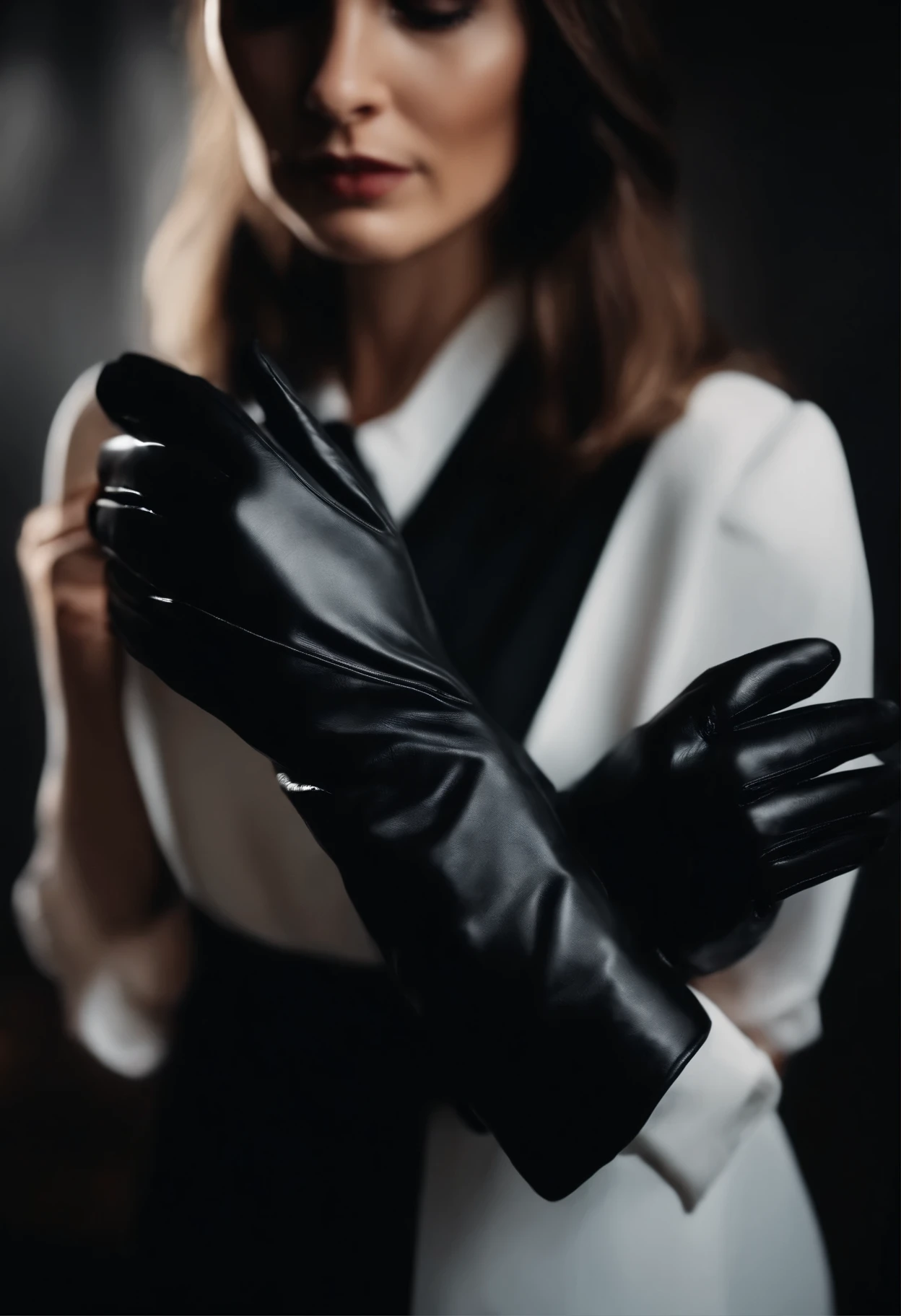 Woman's hands with black leather gloves on both hands, White blouse sleeves, Close-up of hands in black leather gloves, Expand the photo