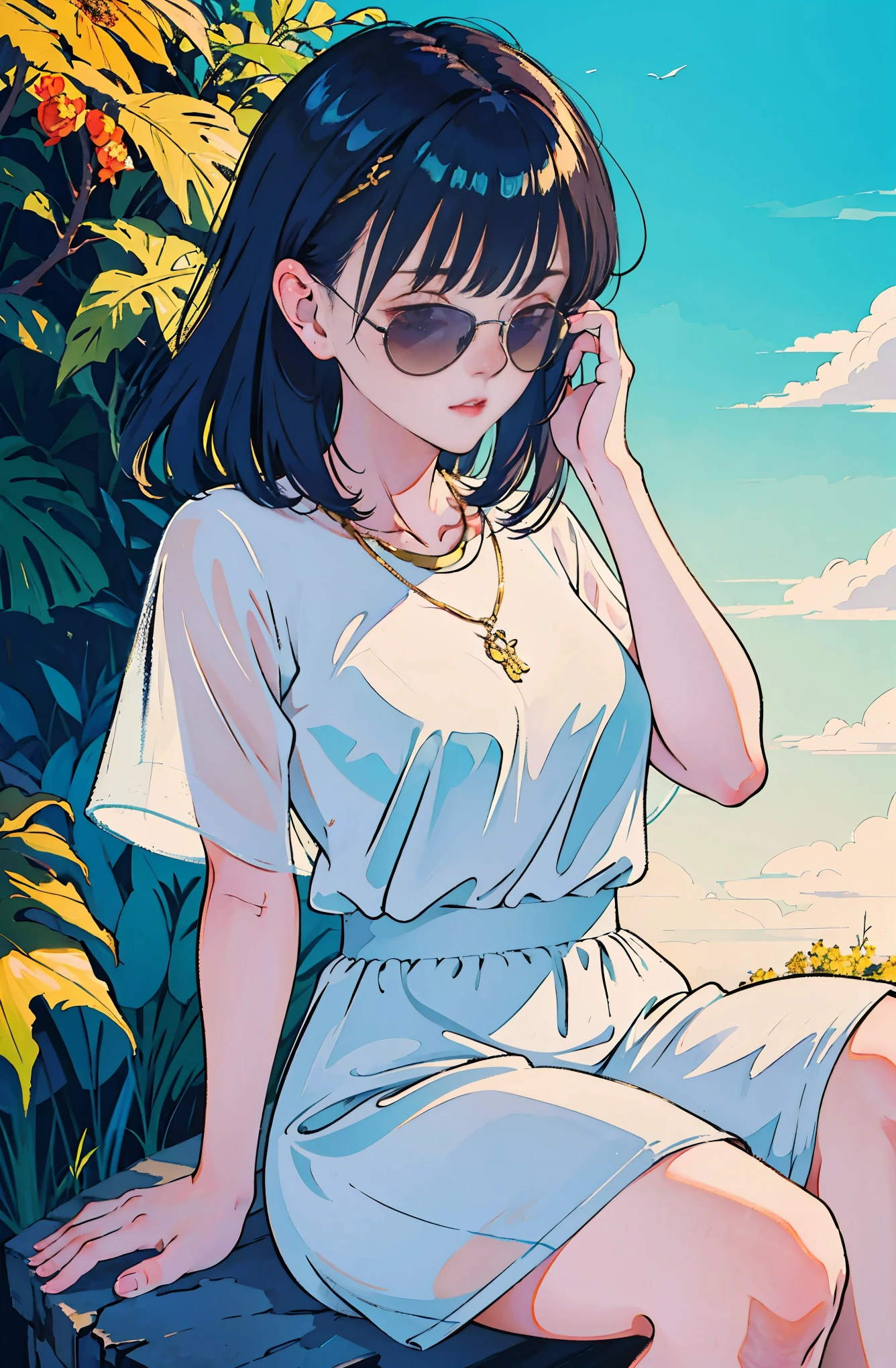 a 20 year old girl, see-through bangs hairstyle, chubby, wearing a white dress with lace details wrapped in an oversized checkered shirt, with gold necklace flattering fit in her chest and glossy sunglasses, sitting with her left hand holding her hair, outdoor photo background with trees and clear sky as a background, the sun shining from behind creates a beautiful backlight effect on the photo, bokeh, textured, distressed, edgy, noisy, high contrast