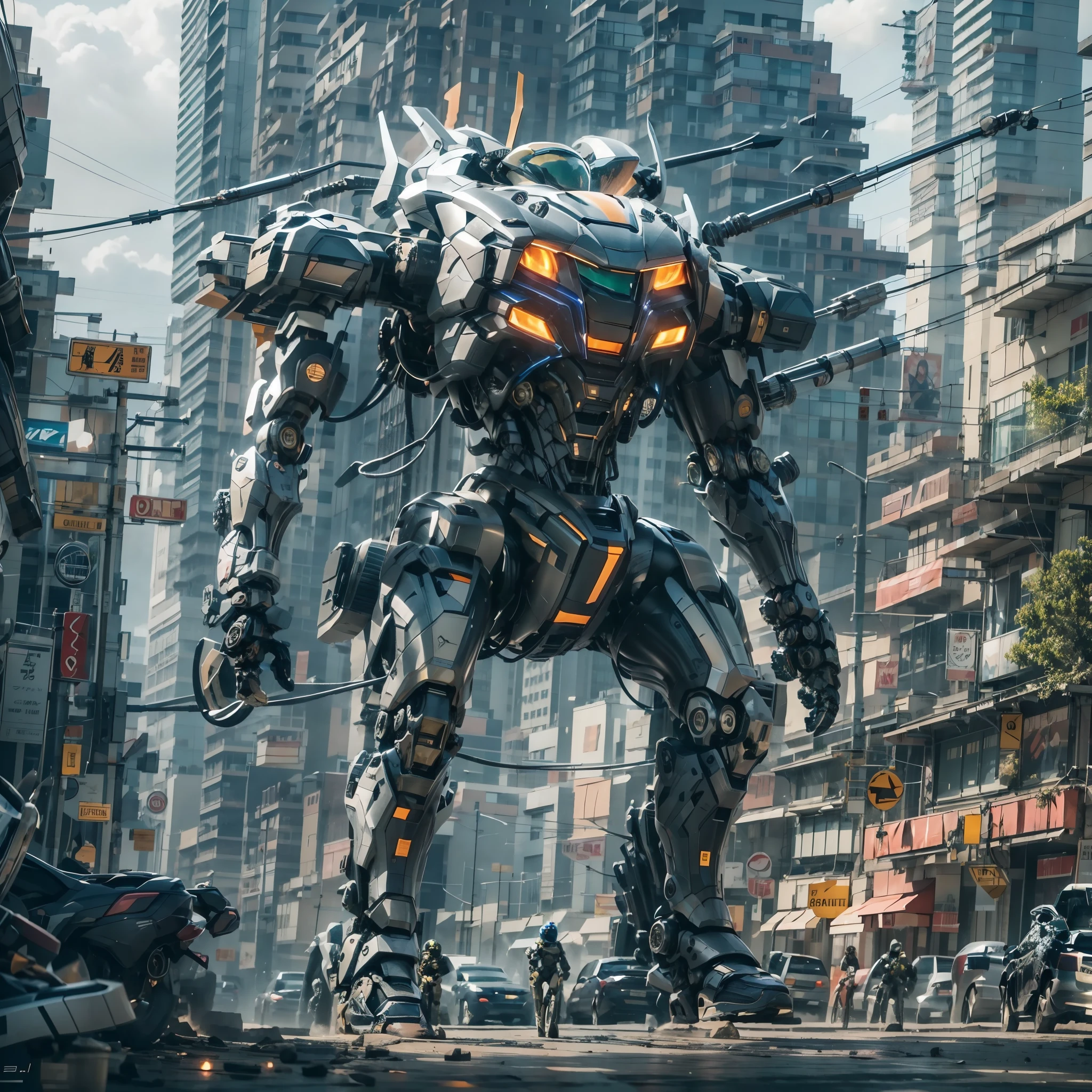 best quality，masterpiece，16k，Giant mecha,Vital Suits,building,Car tire structure feet,car,city,city lights,cityscape,cloud,day,destruction,east asian architecture,ground vehicle,Complex mecha structure,Looking up,Multicolored mecha,Half squat posture,full body,Super complex mechanical structure,mecha,outdoors,radio antenna,realistic,road,ruins,science fiction,skyscraper,street,traffic light