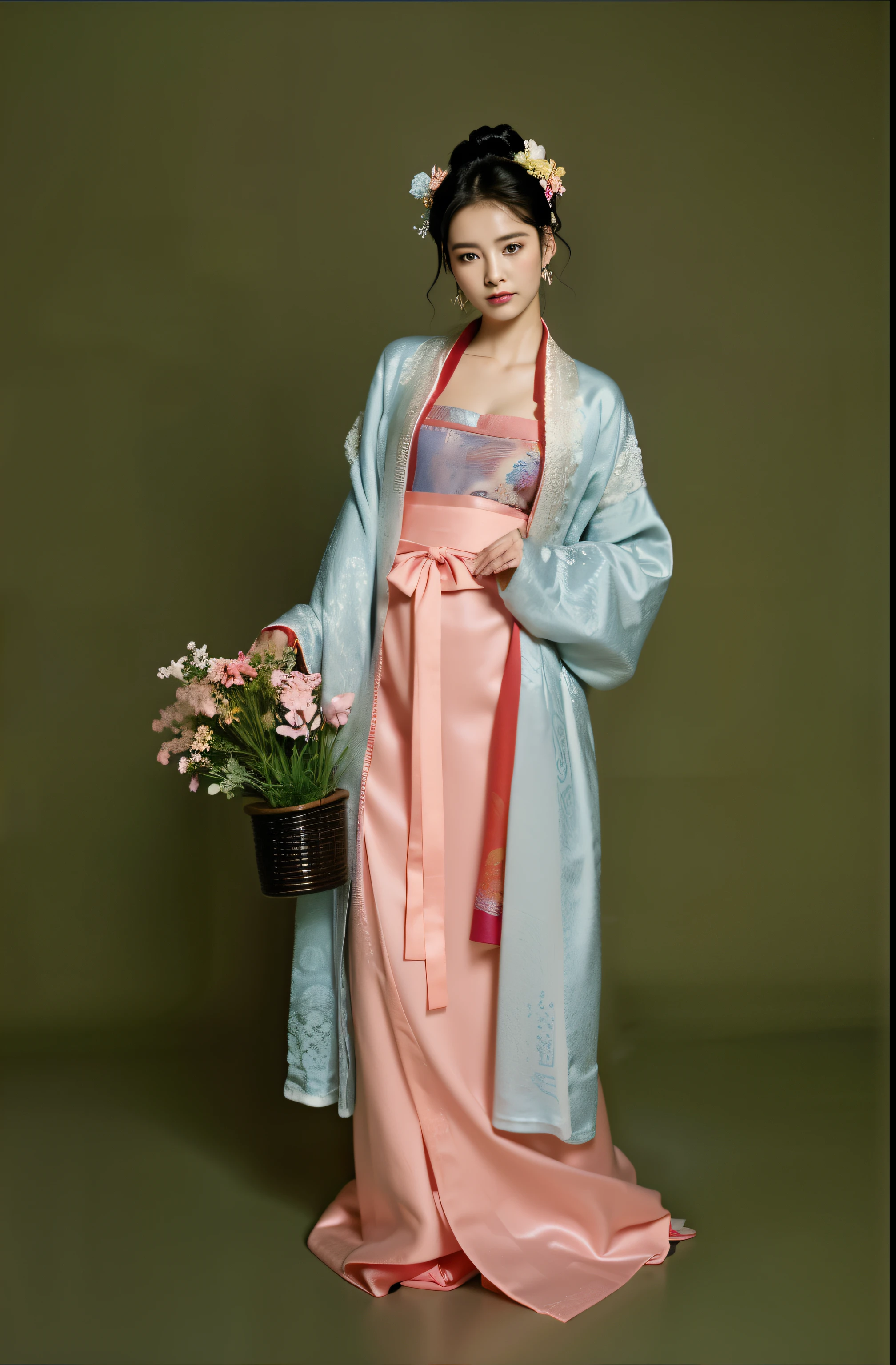 arafed woman in a pink and blue kimono standing next to a vase of flowers, wearing ancient chinese clothes, hanfu, traditional chinese clothing, pale and coloured kimono, with acient chinese clothes, wearing simple robes, wearing a luxurious silk robe, wearing a long flowing robe, classical robes, wearing a luxurious silk cloak, chinese style, inspired by Tang Di