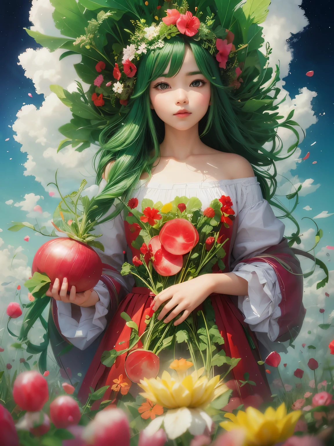 The radish queen, digital art, double exposure, studio Ghibli