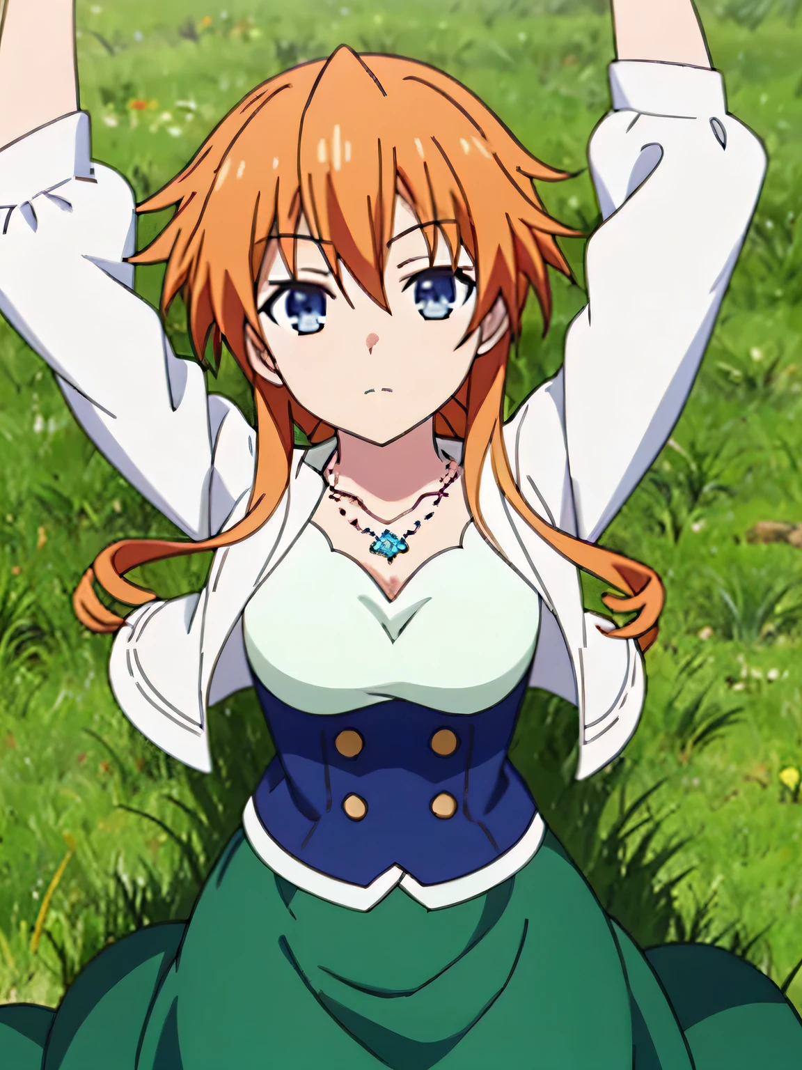 (((pixel-perfect, detail-perfect))), solo, 1girl, yuzuru yamai, white shirt, necklace, green skirt, looking at viewer, high quality, closed mouth, spread arms, arms up, expressionless, on back, on grass, looking at viewer, solo, center, cowboy shot,