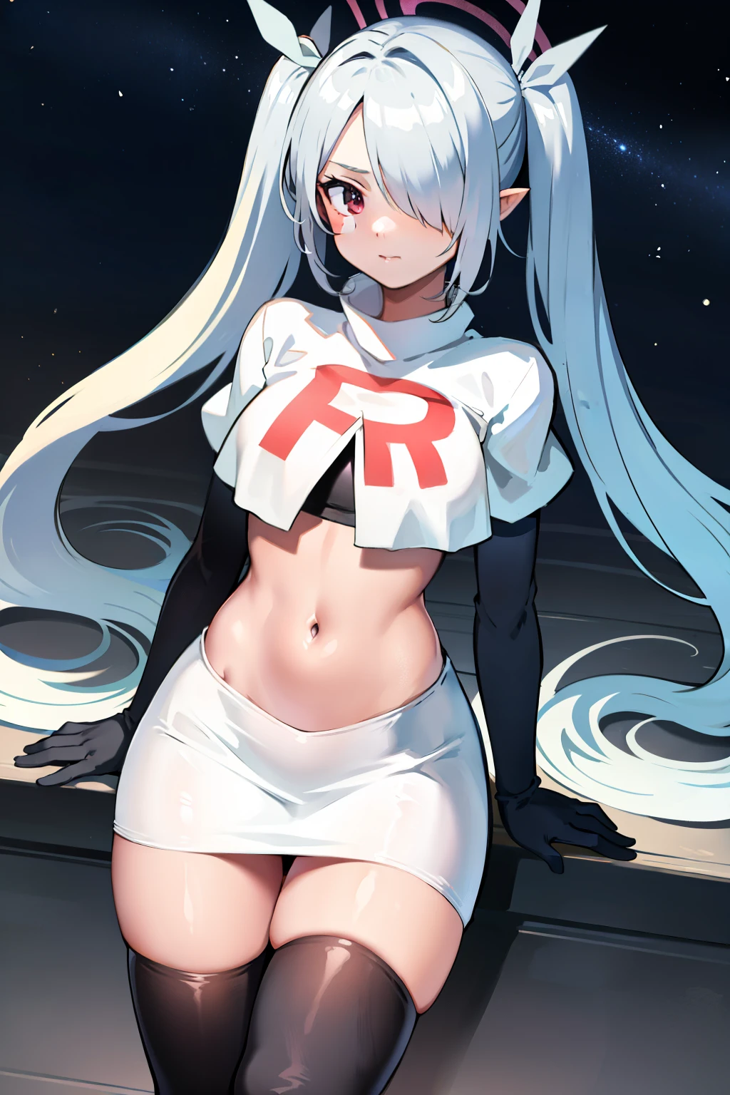 (masterpiece), 1girl, hair over one eye,magical world, shiny steps, beautiful sky, stars, jupiter, ioridef, team rocket,team rocket uniform,white skirt,crop top,black thigh-highs,black elbow gloves,